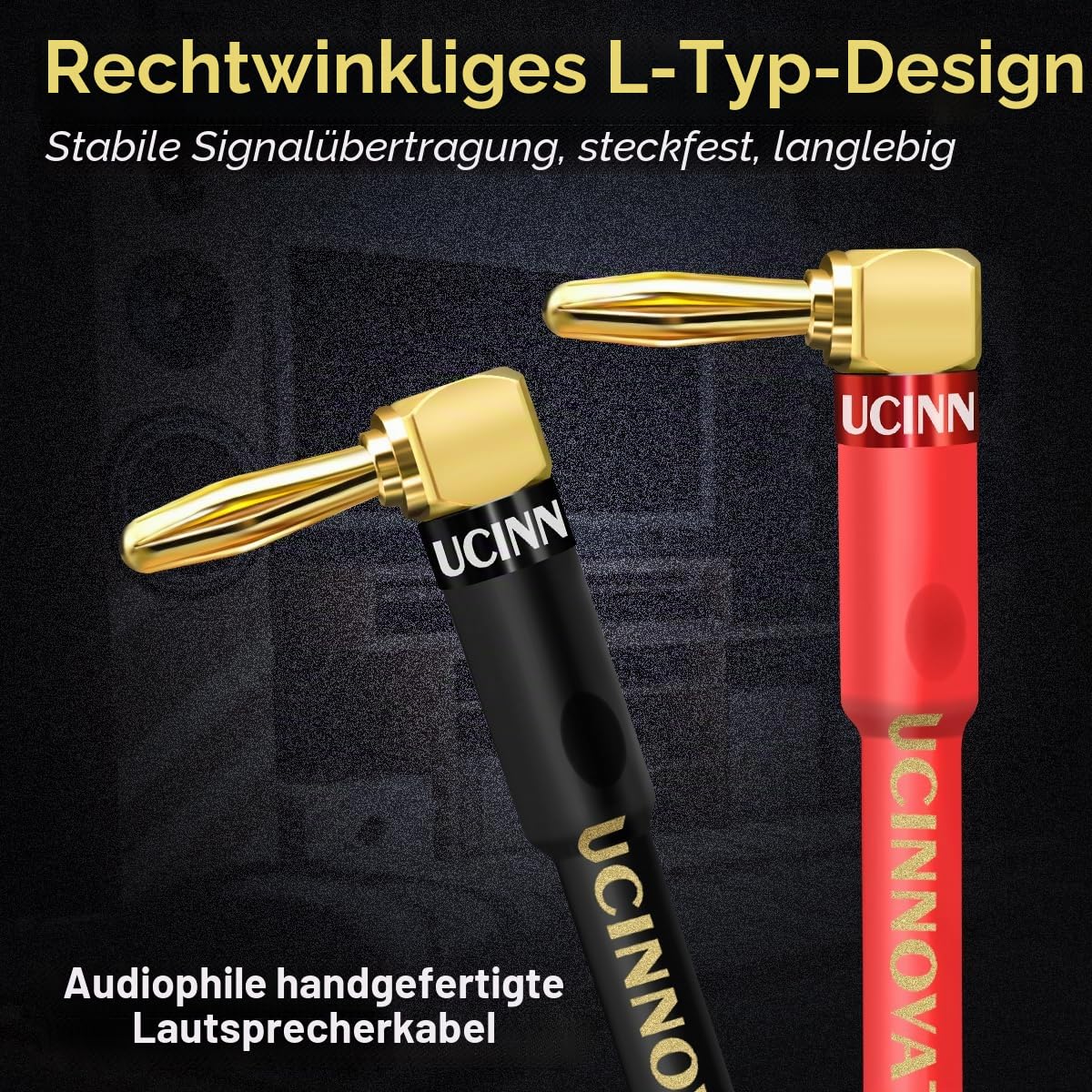 UCINNOVATE 2 Pack 14 AWG Lautsprecherkabel Mit Bananensteckern, 3 m HiFi OFC Kabel Mit Vergoldeten Rechtwinkligen Steckern, für Audiophile