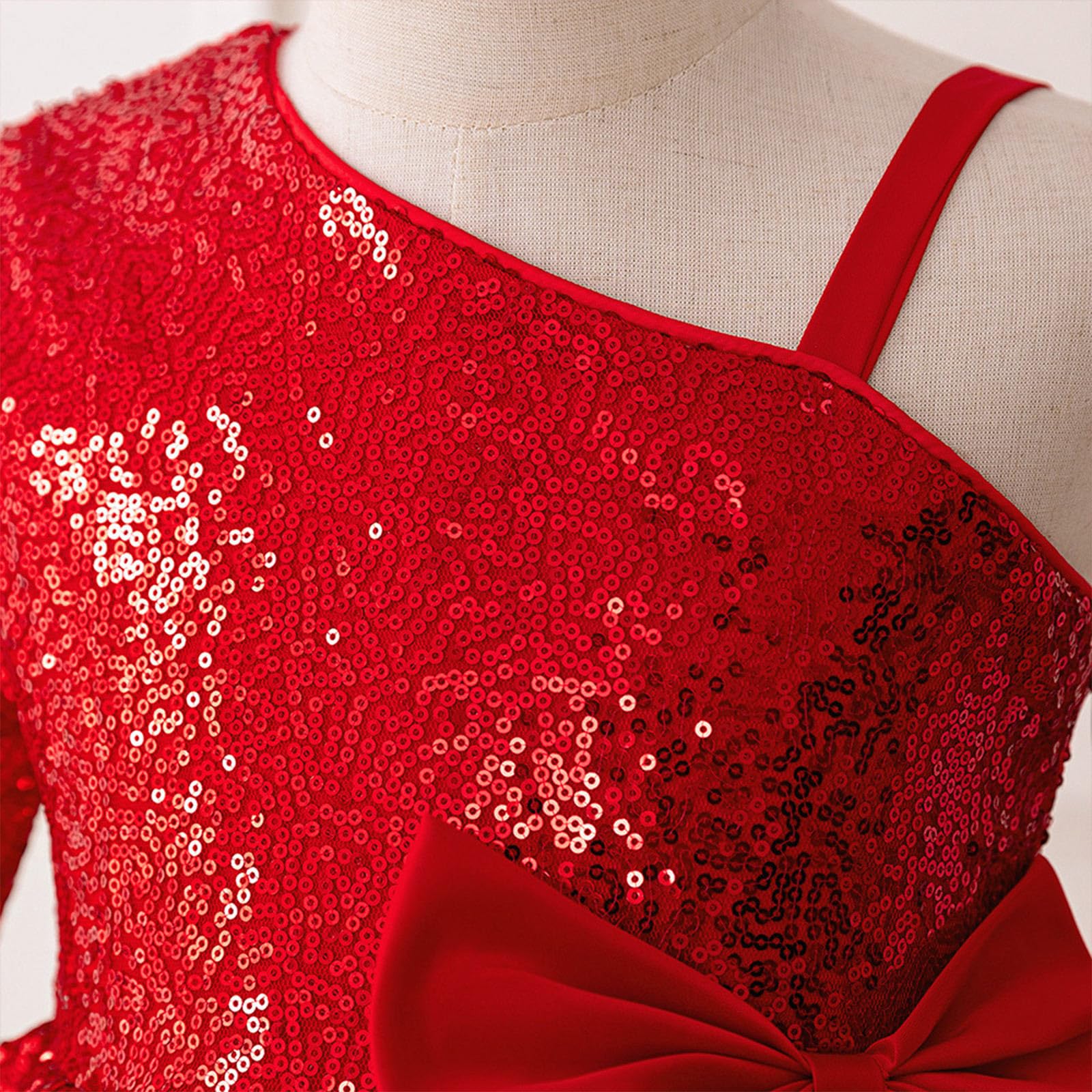 Generico Vestito Natale Bambina Abito da Festa Asimmetrico con Spalle Scoperte e Maniche Lunghe per Ragazze, con Elegante Orlo A Balze, per Eventi Festivi