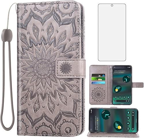 Asuwish Funda de teléfono para Google Pixel 6A 5G 2022 con protector de pantalla de vidrio templado y piel de girasol, funda delgada con tapa