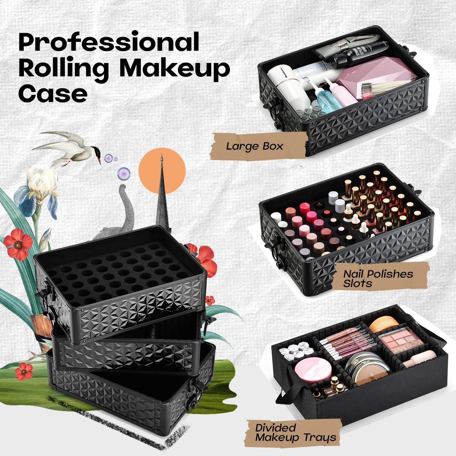 Maleta de Maquillaje 5 en 1 con Ruedas Maletín de Maquillaje de Aluminio Maletín de uñas vacio Caja Maquillaje Profesional Organizador de Maquillaje, Negro Claro