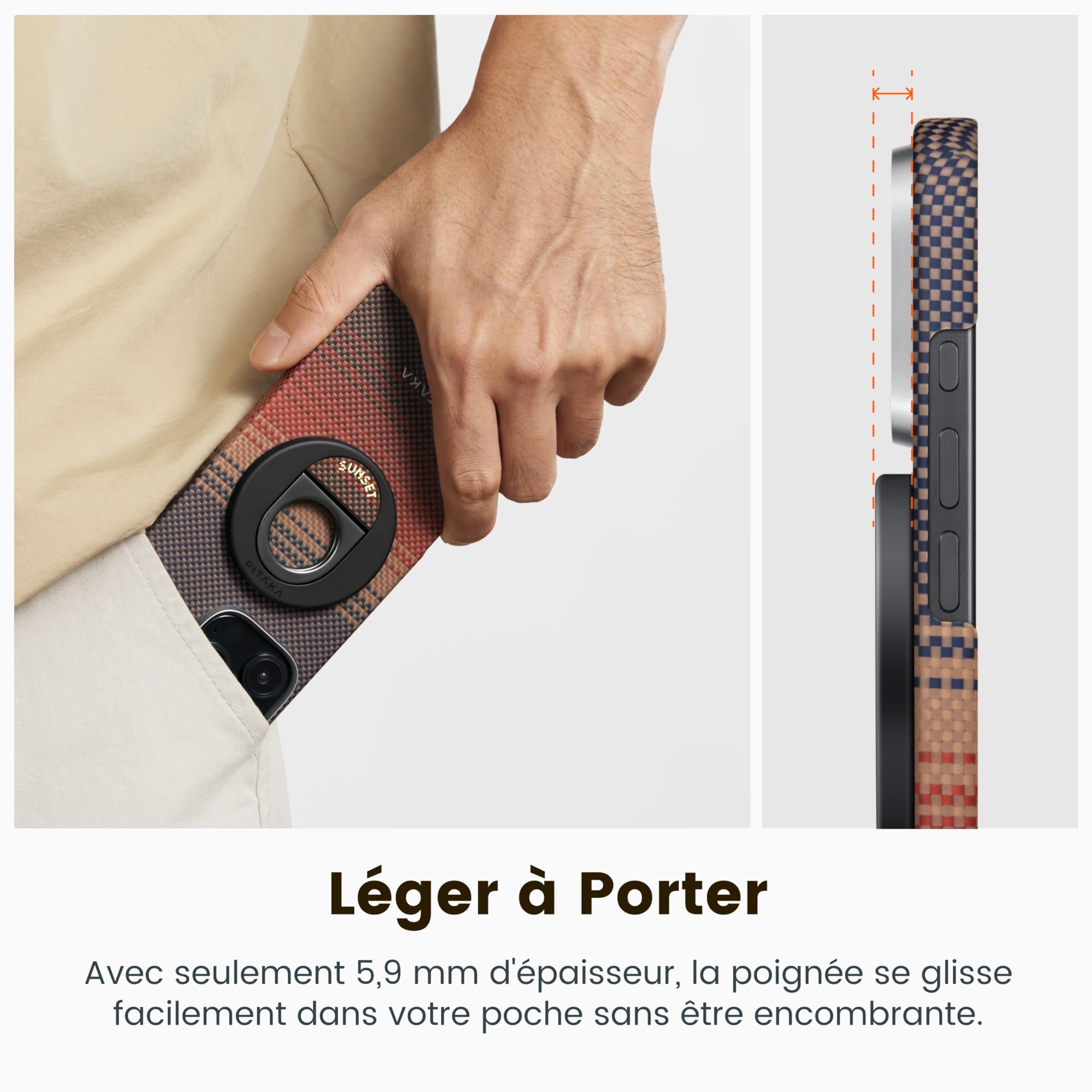 pitaka Poignée Magnétique Support pour Anneau de Téléphone avec Double Anneau Porte Doigt Réglable en Fibre Aramide pour iPhone 16/15/14/13 Noir/Gris
