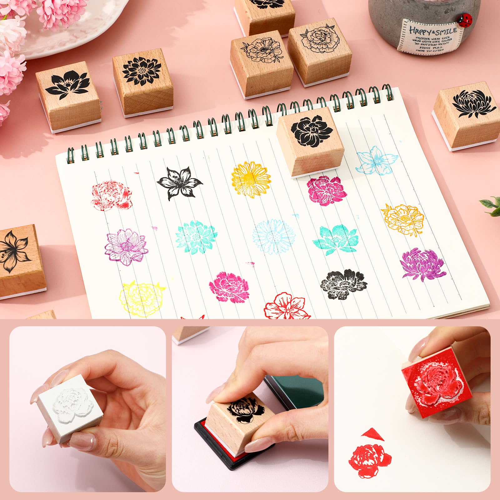 JarThenaAMCS Gummistempel-Set mit Blumen-Motiv, mit Stempelkissen, Frühlingsblumenmuster, Bastelstempel für Frühling, Party, Dekoration, Scrapbooking, Karten, Planer, 24 Stück