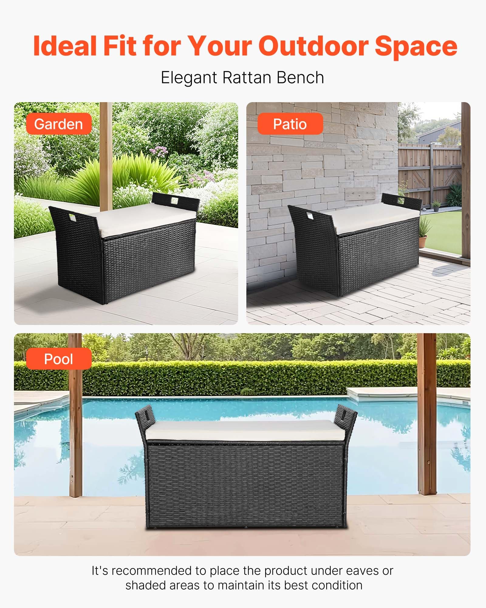 VEVOR Panca Portaoggetti da Esterno Nero, Panca Portaoggetti in Rattan PE per 2 Persone, Contenitore con Cuscino Maniglia Laterale, Supporta max. 362 kg, Seduta da Giardino Decorazione per Balcone