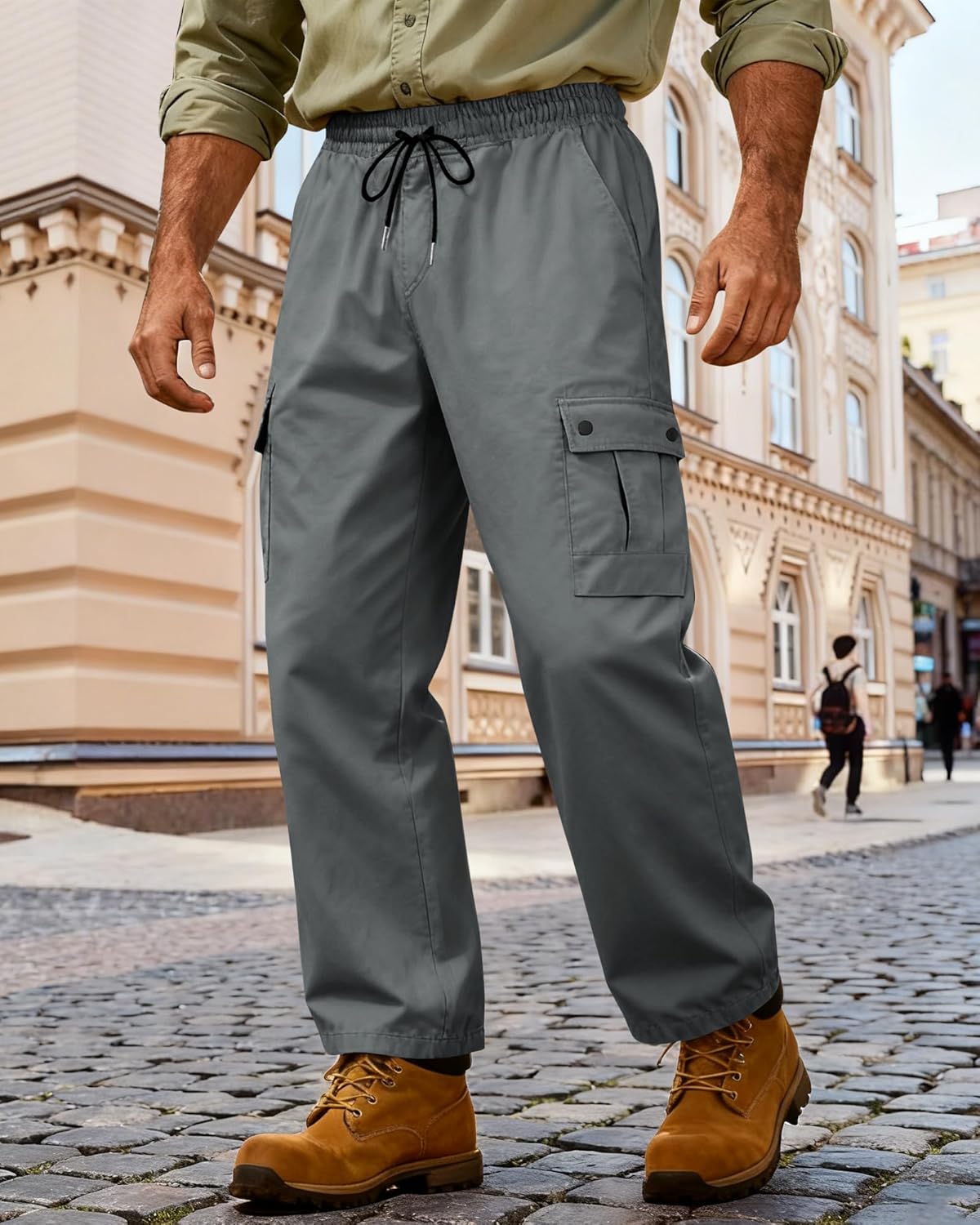 Men's Cargo Work Pants Casual Relaxed Fit Twill Sweatpants with Elastic Waist for Men - Image 3