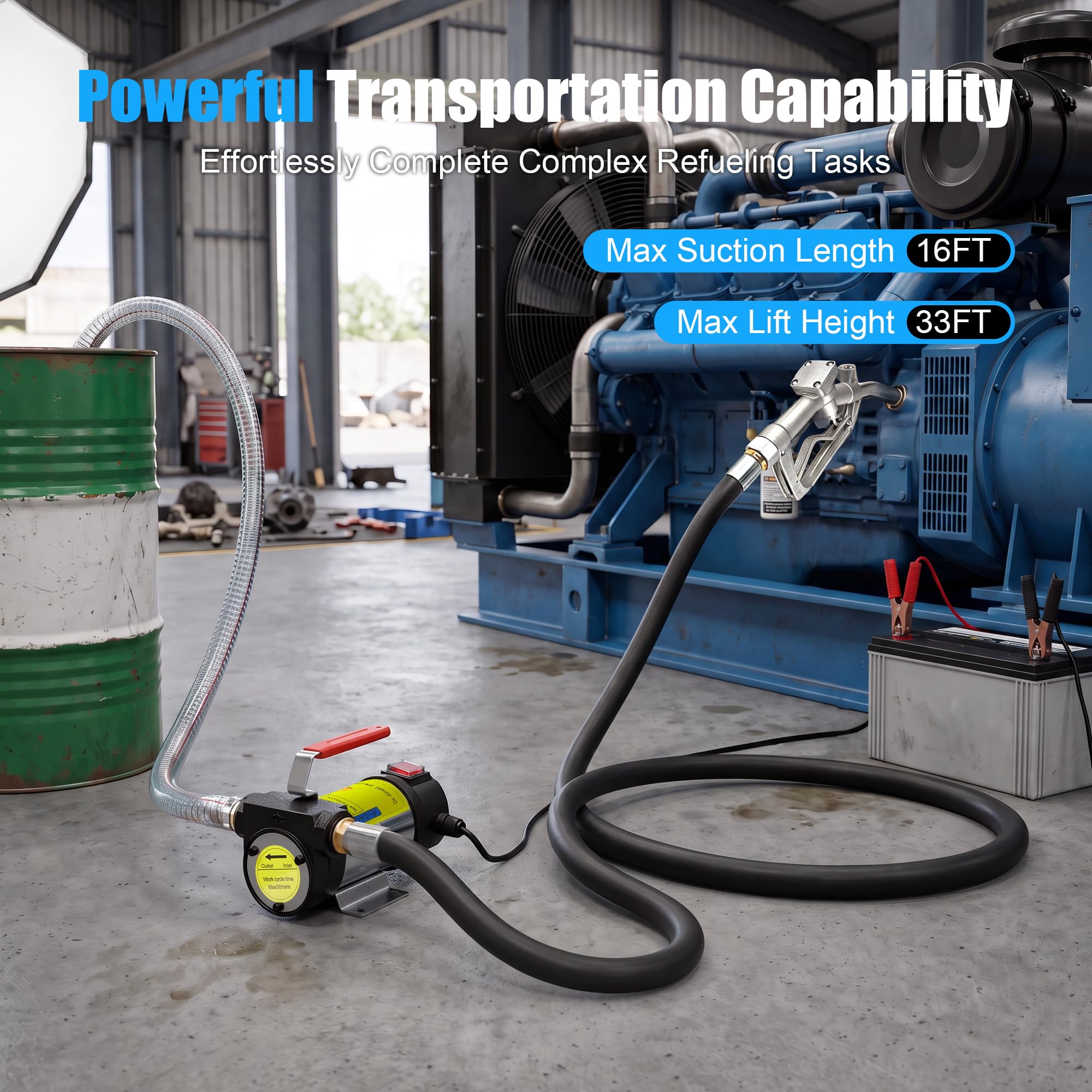 Pompa Travaso Gasolio 12V 180W: Portata 50 L/min, Pompa Elettrica Portatile con ugelli di spegnimento automatico, Filtro e Tubi per Diesel, Biodiesel, Cherosene e Olio Combustibile