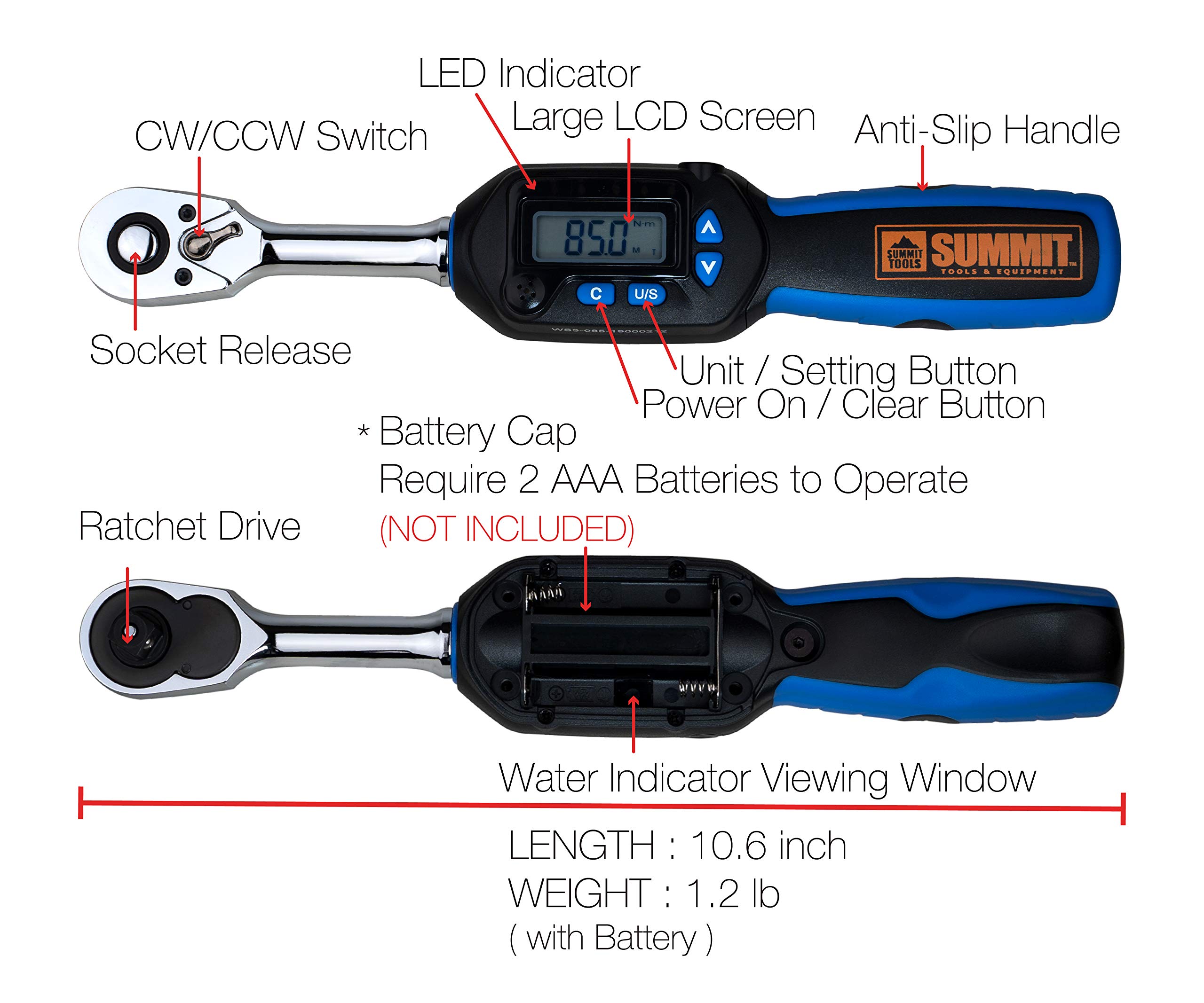 Summit Tools 3/8 inch Digital Torque Wrench, 3.162.7 ftlbs (4.2 85