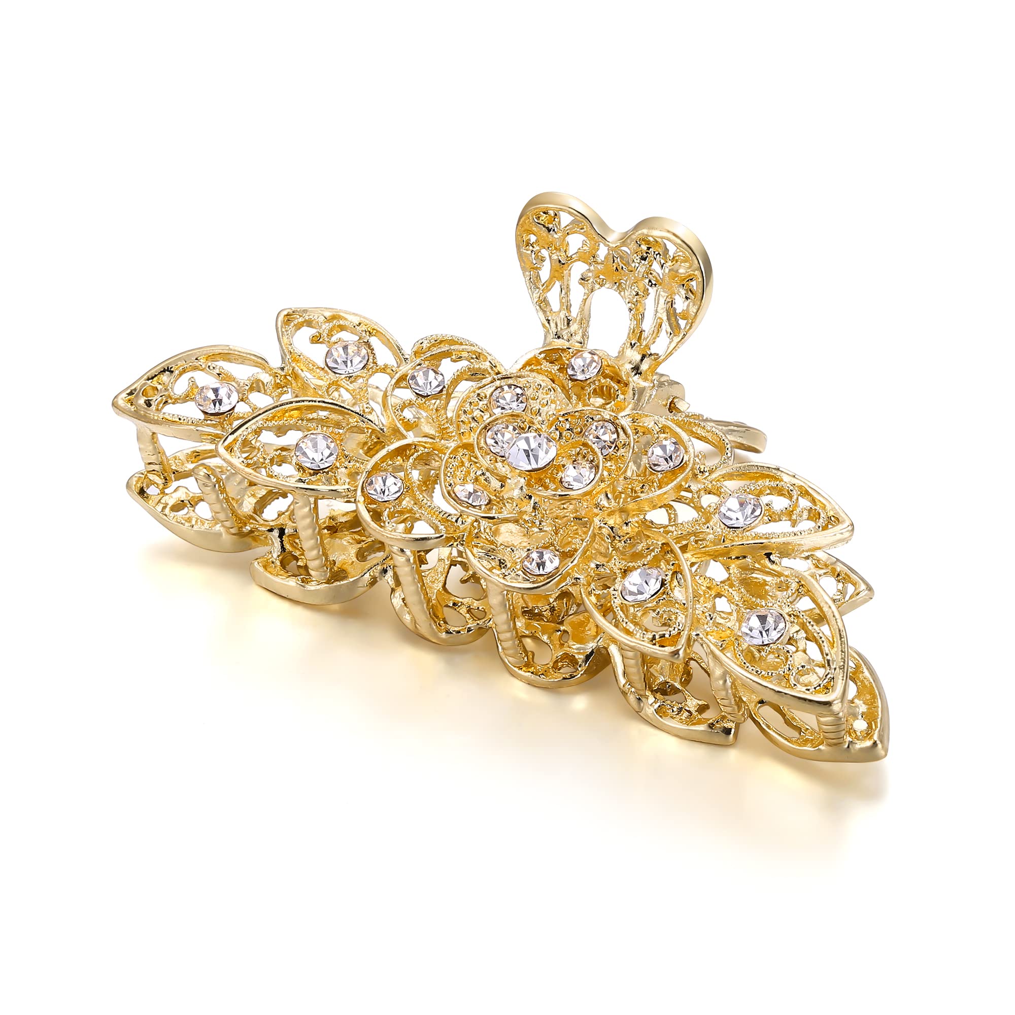 EVER FAITH Fancy Austrian Crystal Hair Claw Jaw Clips Pins, Vintage Flower Leaf Barrette Accessories Clip for Women Clear Gold-Tone