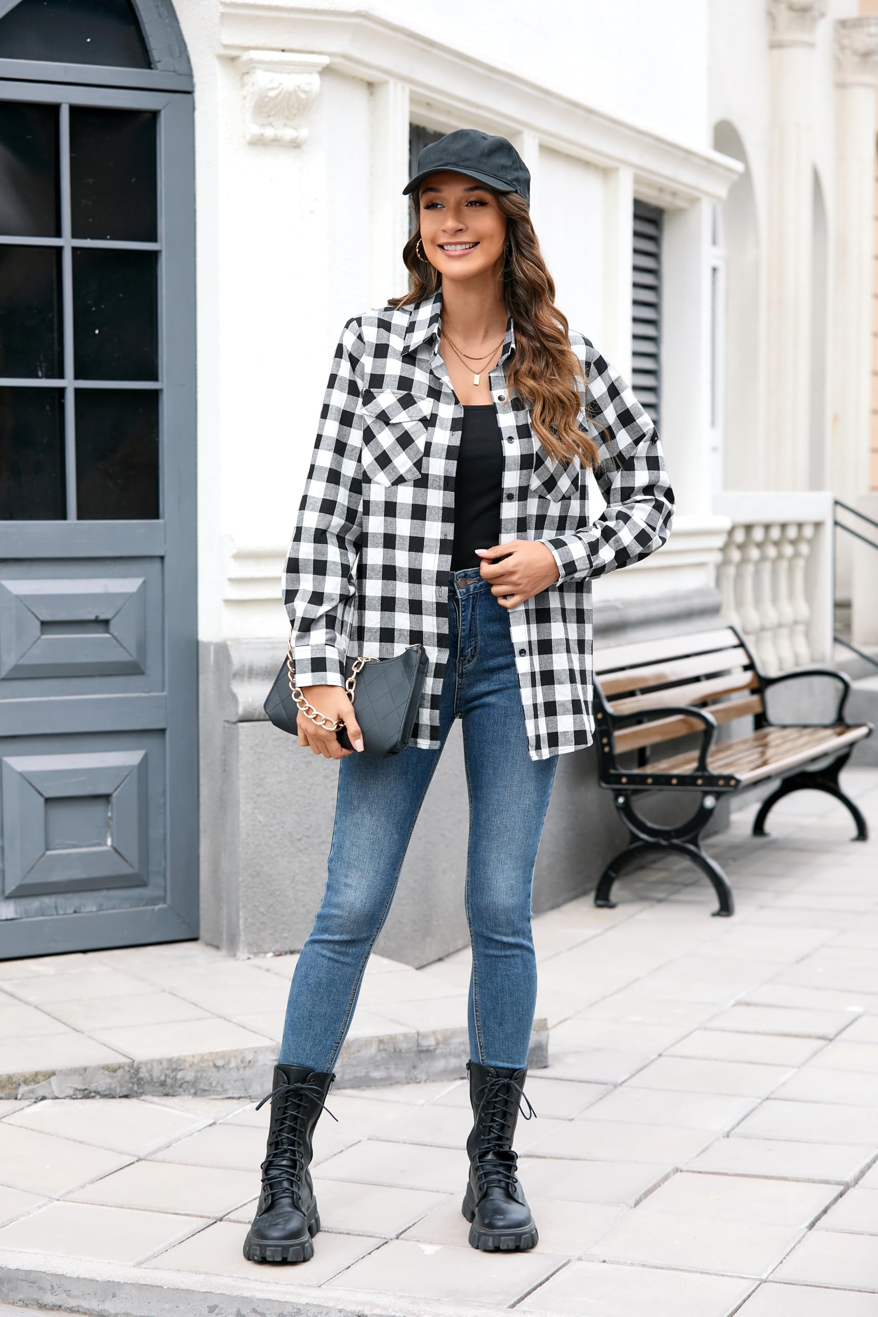 Chemise a Carreaux Femme Chemise à Boutons à Manches Longue Chemise à Carreaux pour Femmes Chemisier Country Top à Enrouler Décontracté Bureau Classique Fête avec Poches S-3XL