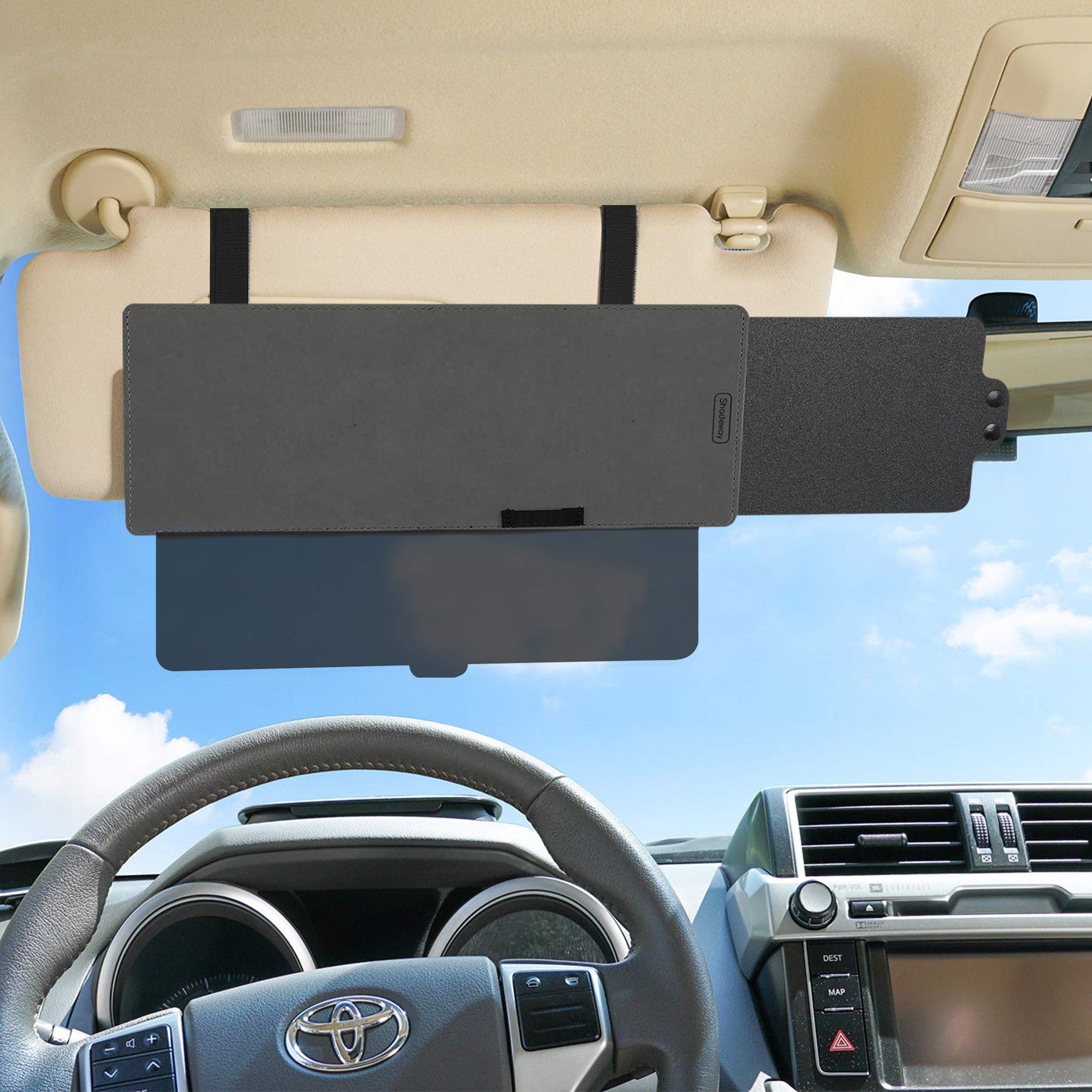 Shadeway 2-in-1 Sun Visor Extension for Car, SUV, Truck - Anti-Glare Extender Protects from Sun Glare, Snow Blindness, Universal for All Automobiles, Transparent Lens with Sun Blocker Slider