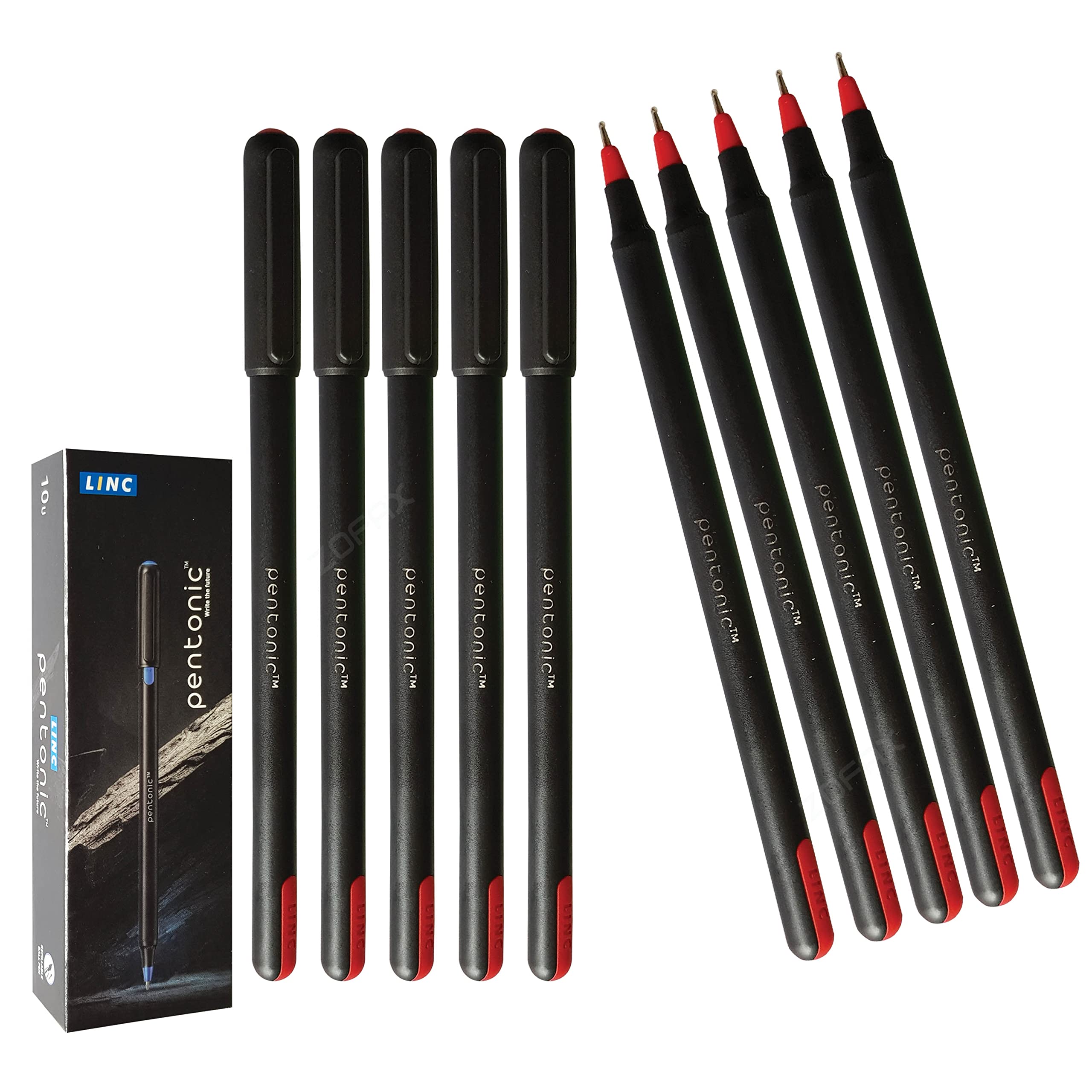 Pentonic Ballpoint Pens, RED, Fine Point (0.7mm), Pack of 10, Comfort Ball Pens, Ideal for School Office Home Everyday Pens, iZOFAX Black Ball Pen