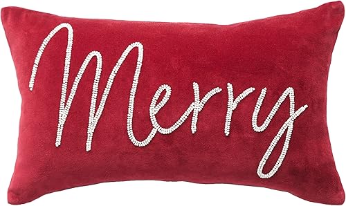 carol & frank Merry Red Velvet - Almohada de Navidad con cuentas de 12 x 20 pulgadas, color rojo