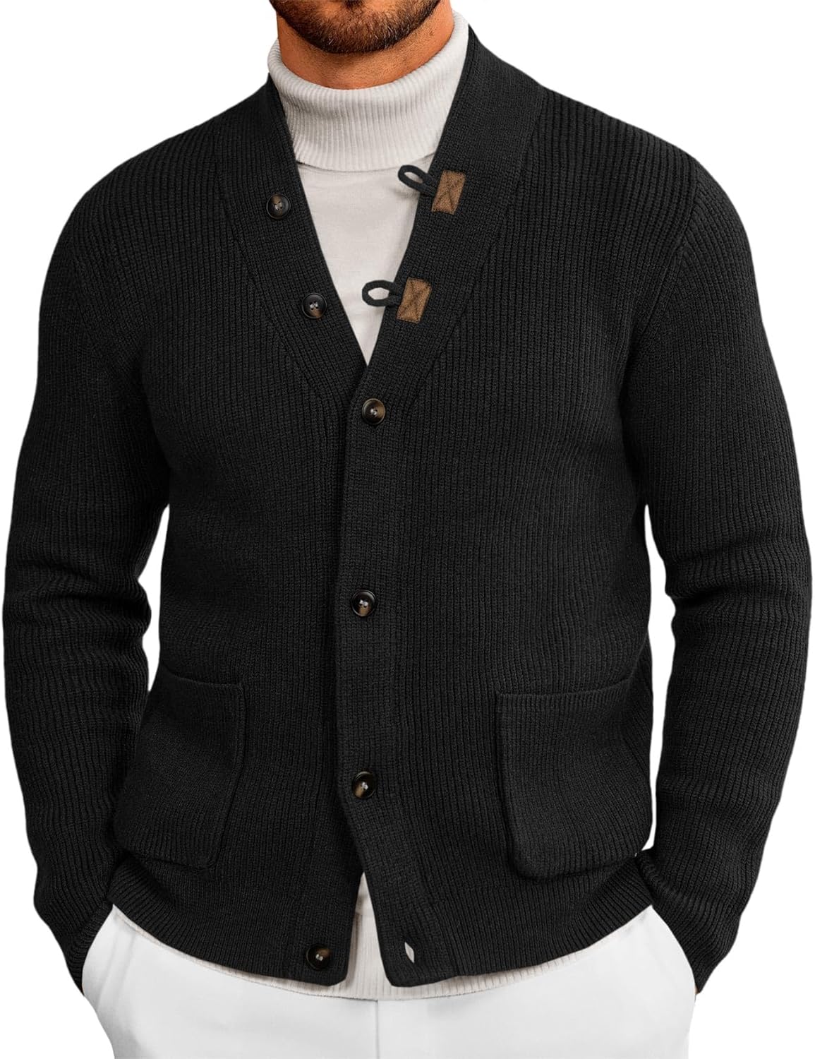 Runcati Mens Cardigan Sweater Casual V Neck Button Down Cardigan Ribbed Knitted Winter Chunky Sweaters with Pockets