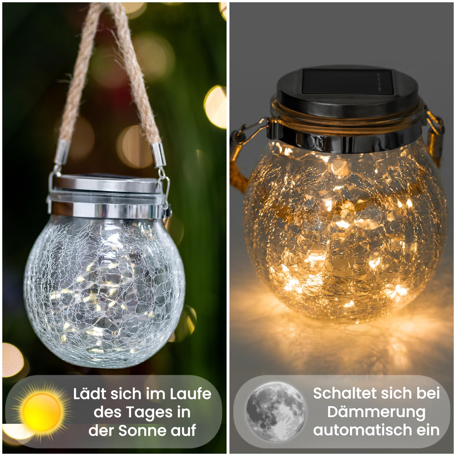 LUMILED 3x Set Solarleuchte Einmachglas Hängende Licht IP44 3000K 20 LED 600mAh Glas Pendelleuchte Außenlaternen ⌀12 cm Solar für Außen Dämmerungssensor Risslicht für Außen Garten Terrasse
