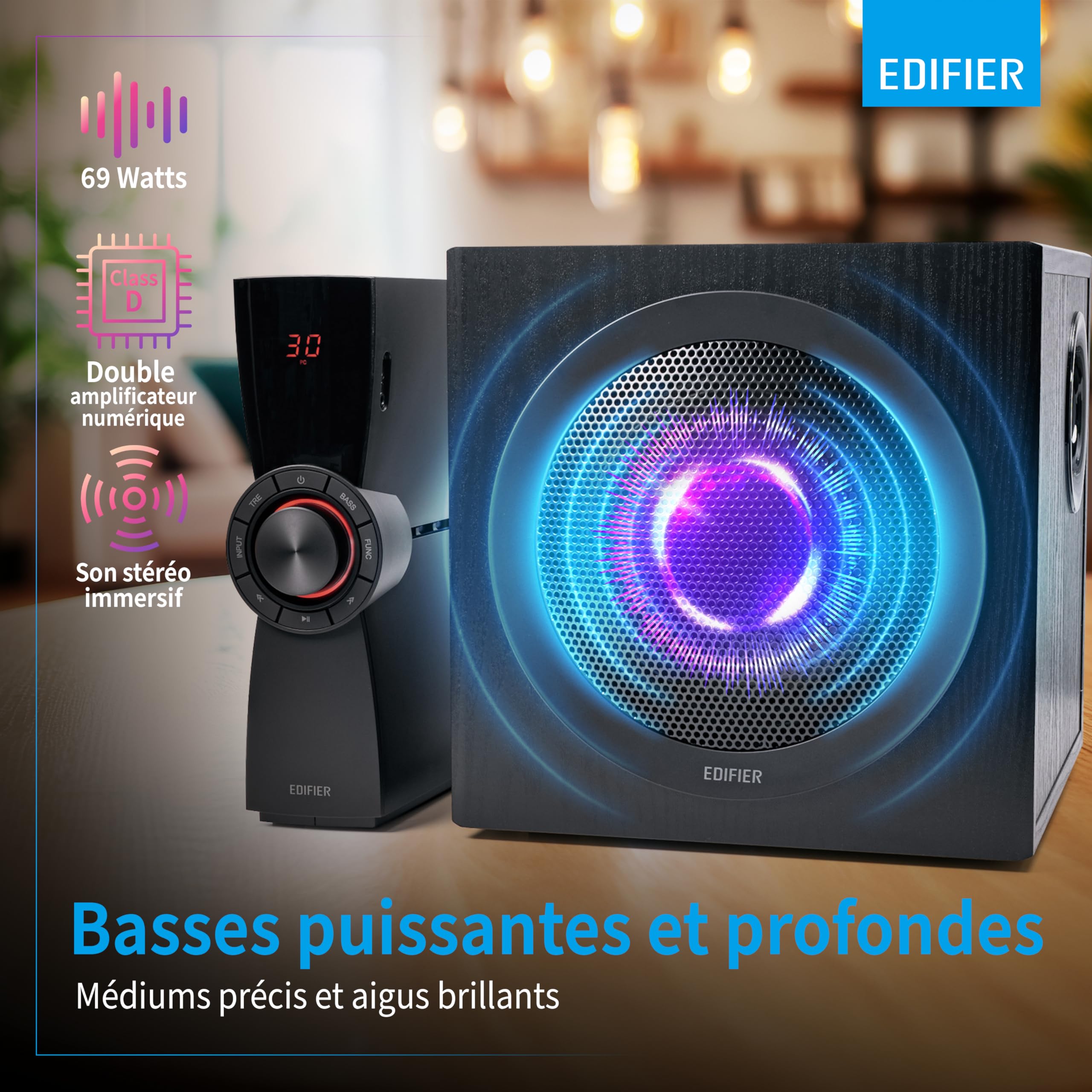Edifier CX7 - Pack d'enceintes multimédia 2.1, 69W, avec Bluetooth V5.0, subwoofer de 21 cm (8 Pouces) et télécommande Infrarouge : Parfait pour la télévision, Le PC, l'ordinateur Portable, etc.