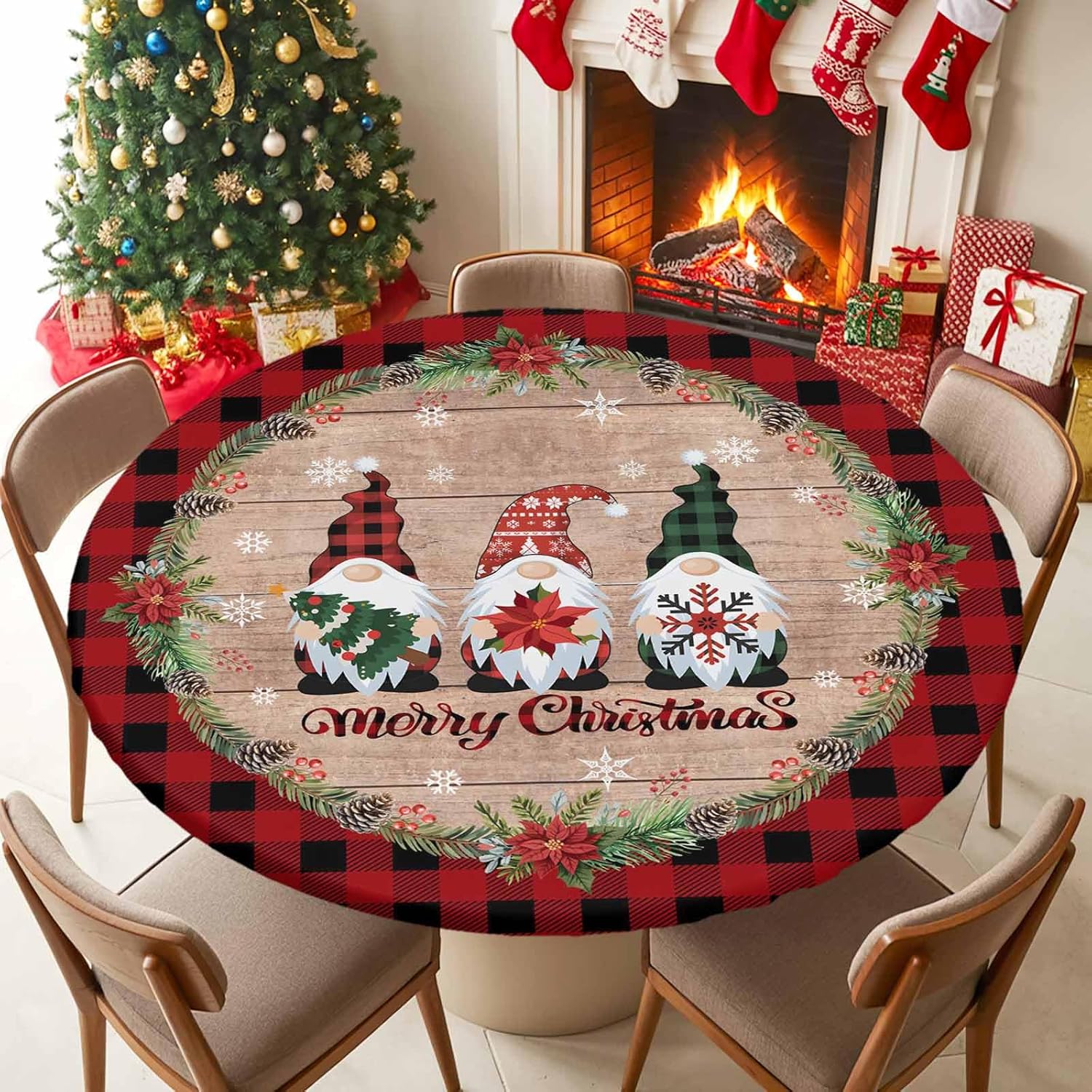 Christmas Gnome Round Fitted Tablecloth with Elastic Edge,Black Red Buffalo Plaid Waterproof Table Cloth,Xmas Tree Snowflake Poinsettia Circle Table Cover for Party Holiday Picnic Dining Room 36"-44"