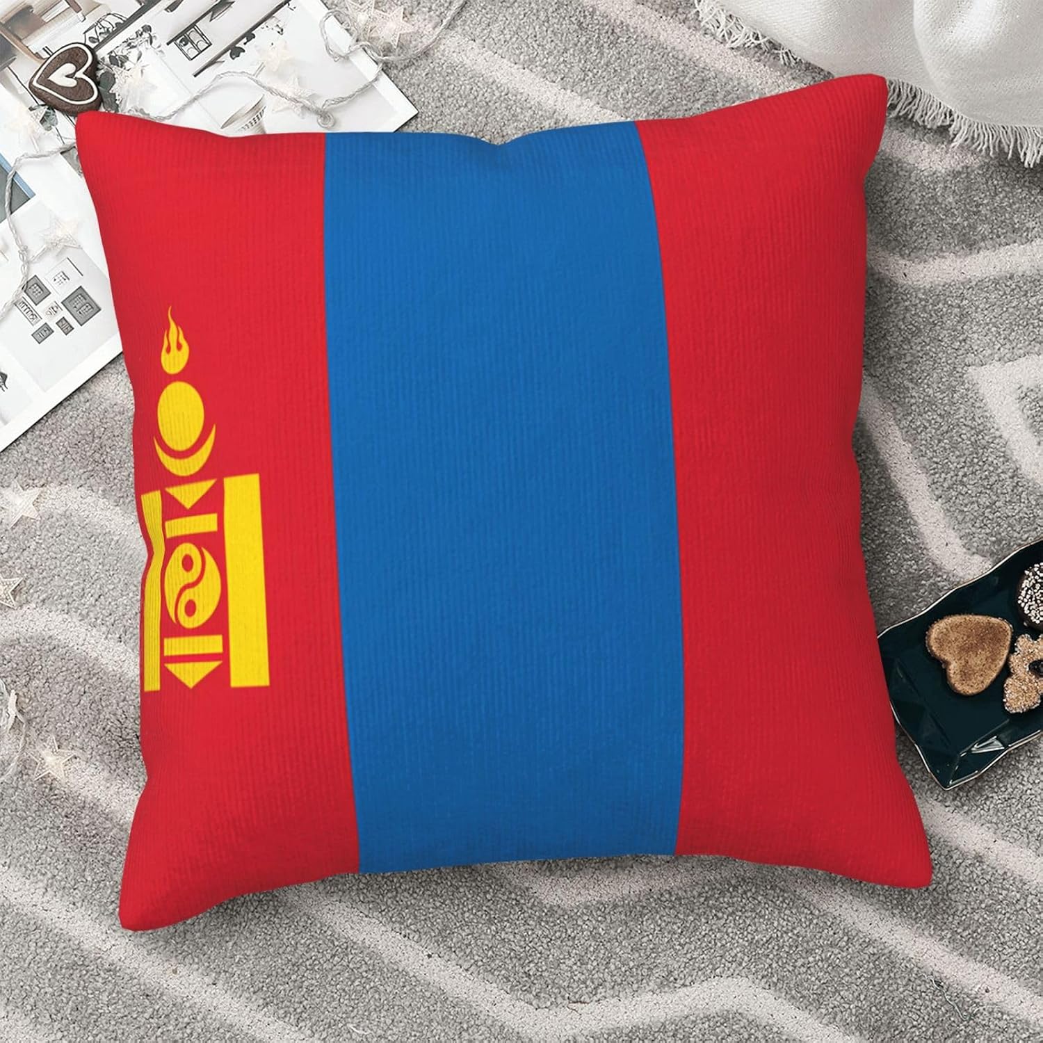 Mongolian Flag Print Corduroy Throw Pillow with Invisible Zipper Closure for Living Room, Couch and Bed