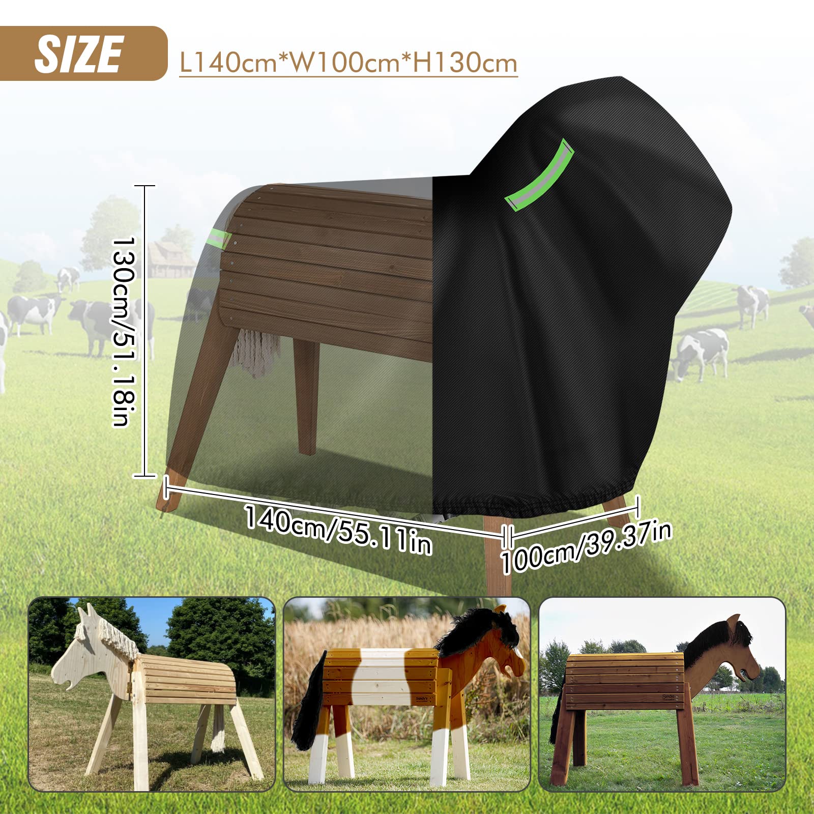 140 x 100 x 130 cm pokrowiec na drewnianego konia, 420D PU wodoodporna uniwersalna plandeka z drewna, odporna na promieniowanie UV zewnętrzna drewniana osłona ochronna konia czarna ze
