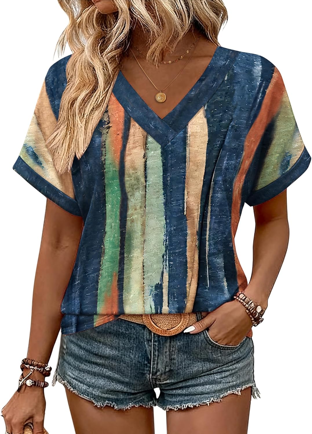 Zeagoo Womens Summer Tops Rolled Short Sleeve V Neck Shirts Casual Dressy Business Work Blouses Outfits - Image 2