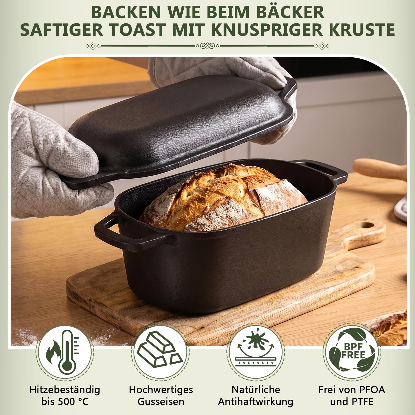 Gusseisen Topf Brot Backen 35cm, Robuste Brotbackform mit Deckel, Gusseisentopf Brotform, Idealer Brottopf Toastbrot Backform