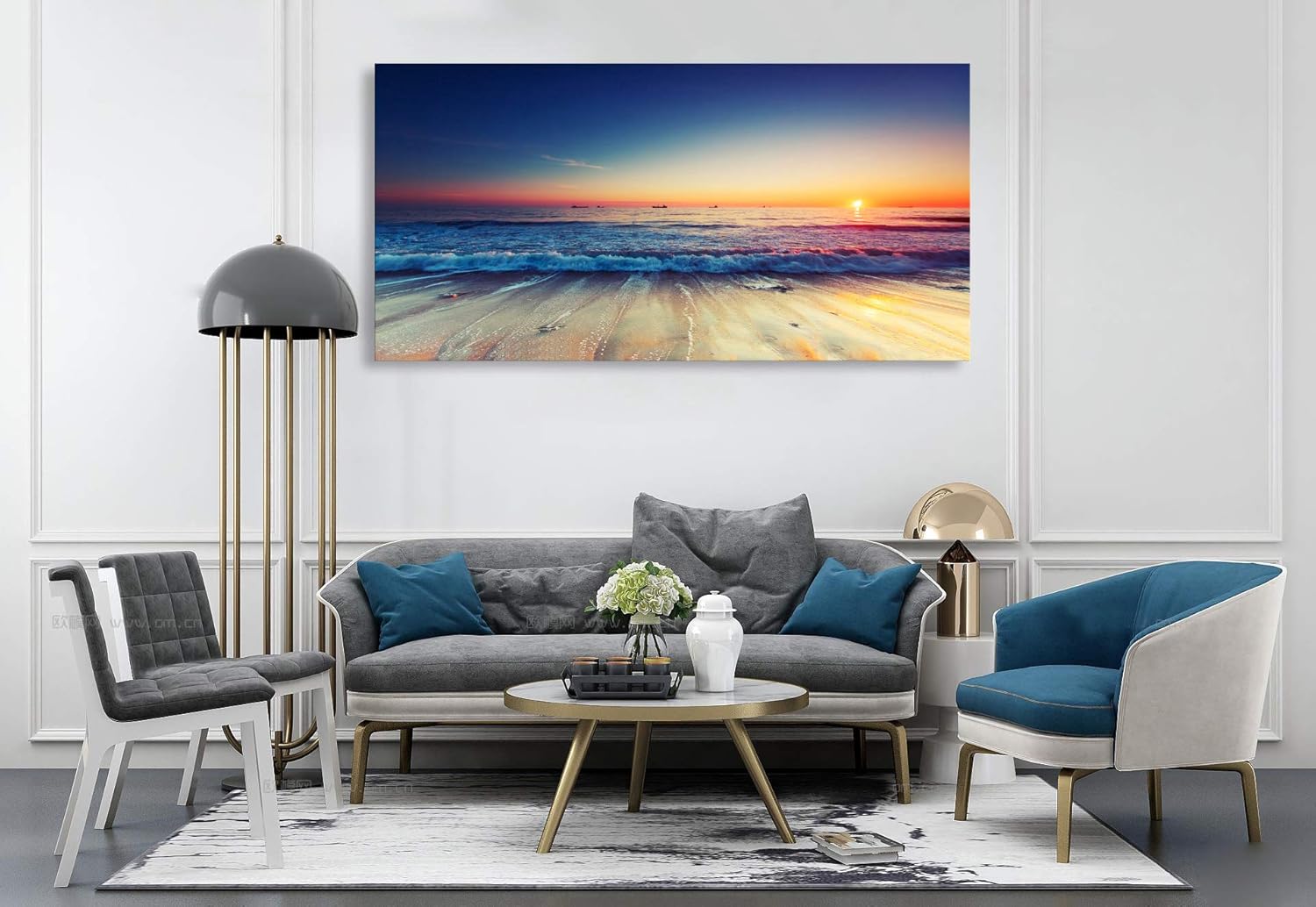 Baisuwallart S05775 Blue Ocean Seascape Canvas Prints Wall Art Sea Beach Pictures Sunset Waves Paintings for Living Room Bedroom Home Decorations Office Modern Framed Ready to Hang Artwork 30.00" x 60.00" Blue Ocean