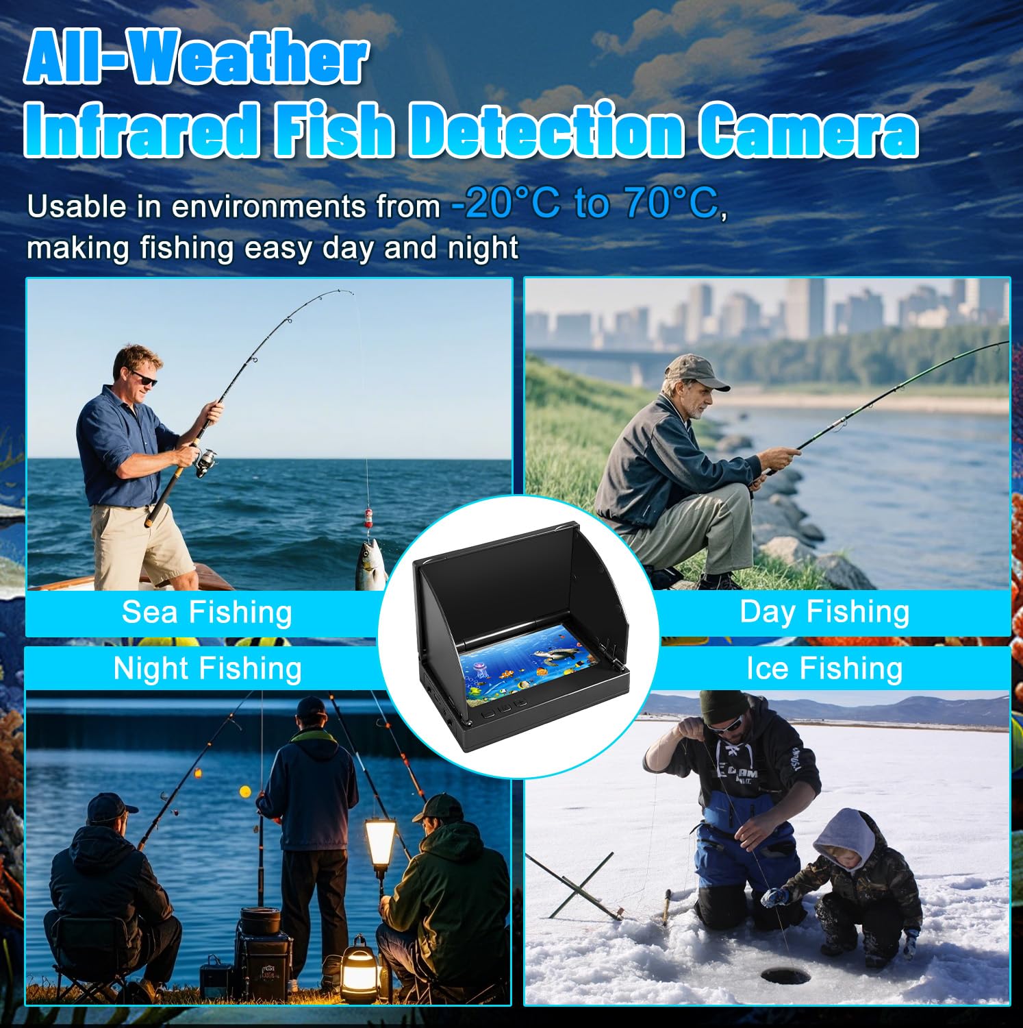 Cámara Submarina para Pesca con Pantalla IPS de 4,3" y Cable de 30 m, Cámara de Pesca con Visión Nocturna, Objetivo Gran Angular para Pesca en Mar, Río y Hielo