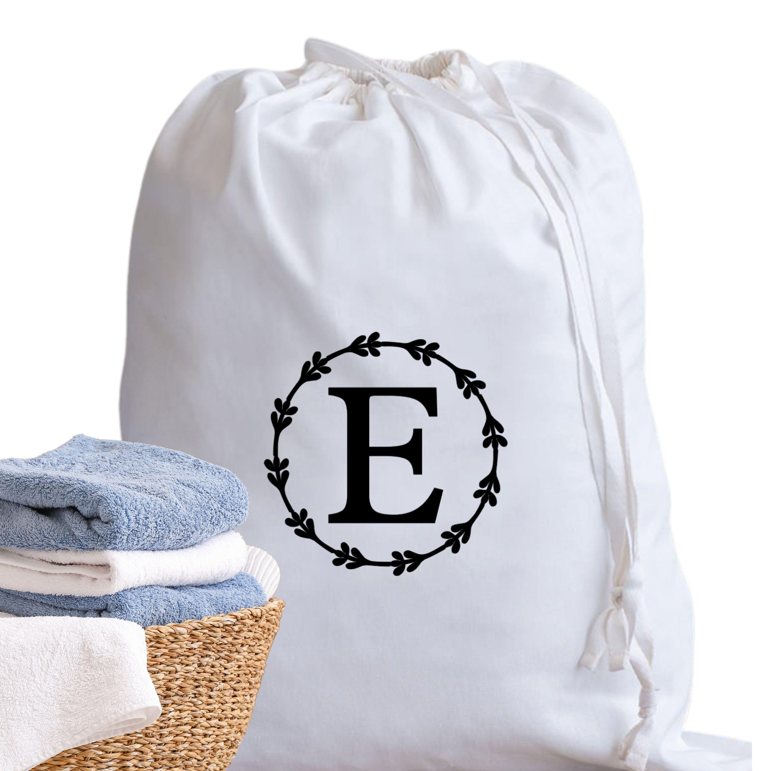 A-Z Cotton Laundry Bag Personalised Initial Gifts - Holiday Essentials Bathroom Accessory Dry Bag Drawstring Bags for Travel Camping University Essentials Personalised Gift Monogram E