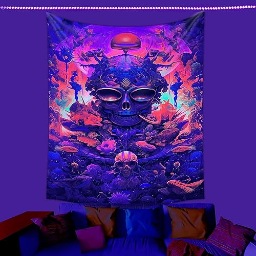 Tapiz de luz negra, diseño de calavera, tapiz de Halloween, reactivo a los rayos UV, tapices de neón que brillan en la oscuridad, arte de pared de