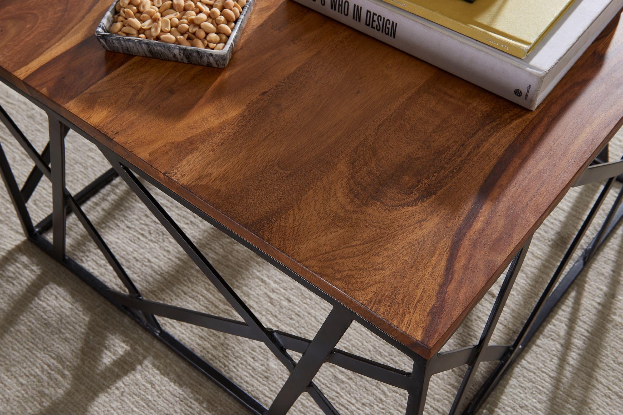 WOHNLING Table Basse BAKAL 60x60x35 cm Bois Massif Sheesham Métal