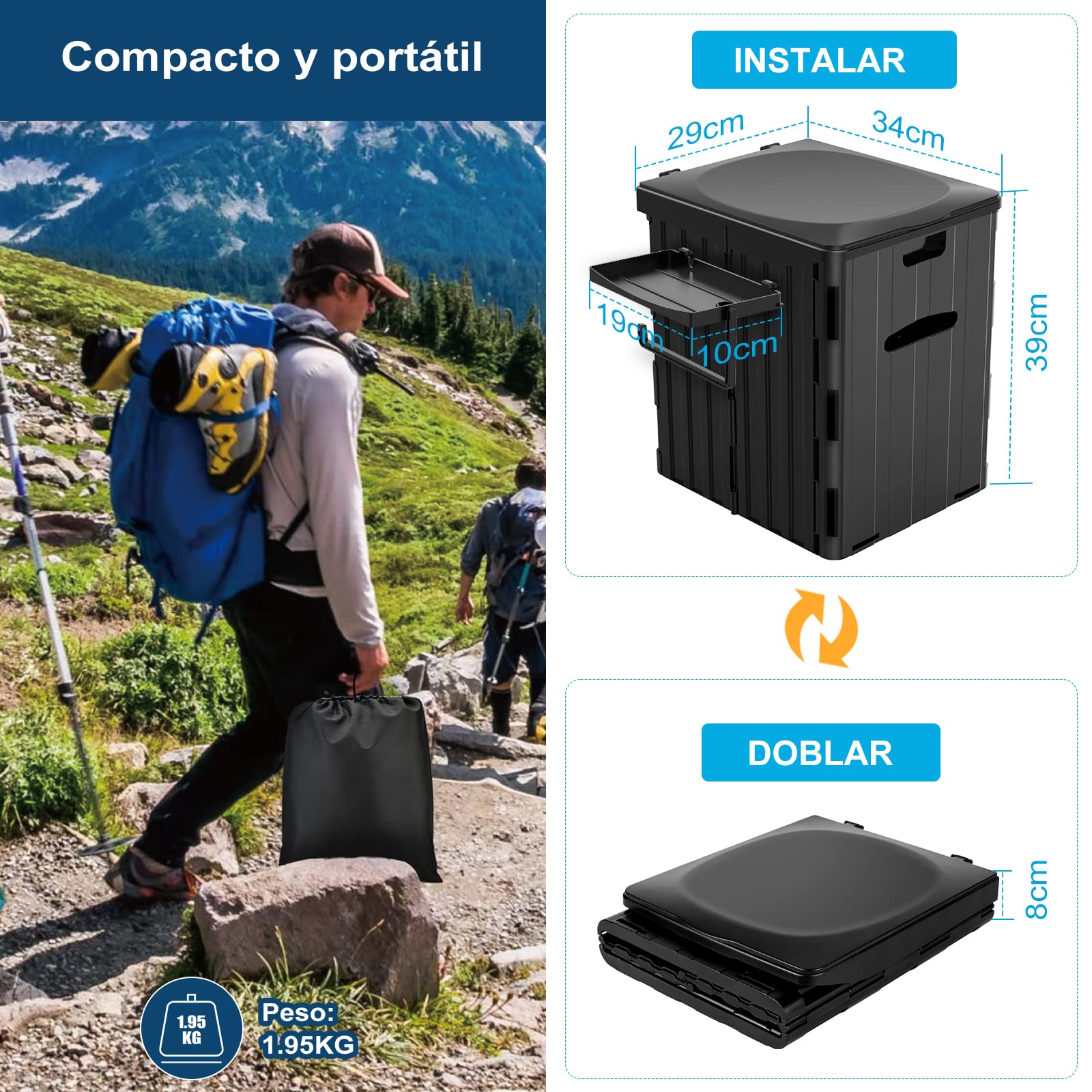 WADEO Inodoro portátil para Acampar, Inodoro Plegable para Exteriores o Interiores con Tapa, Inodoro móvil para Acampar con Soporte de Papel higiénico extraíble y Bandeja para teléfono móvil