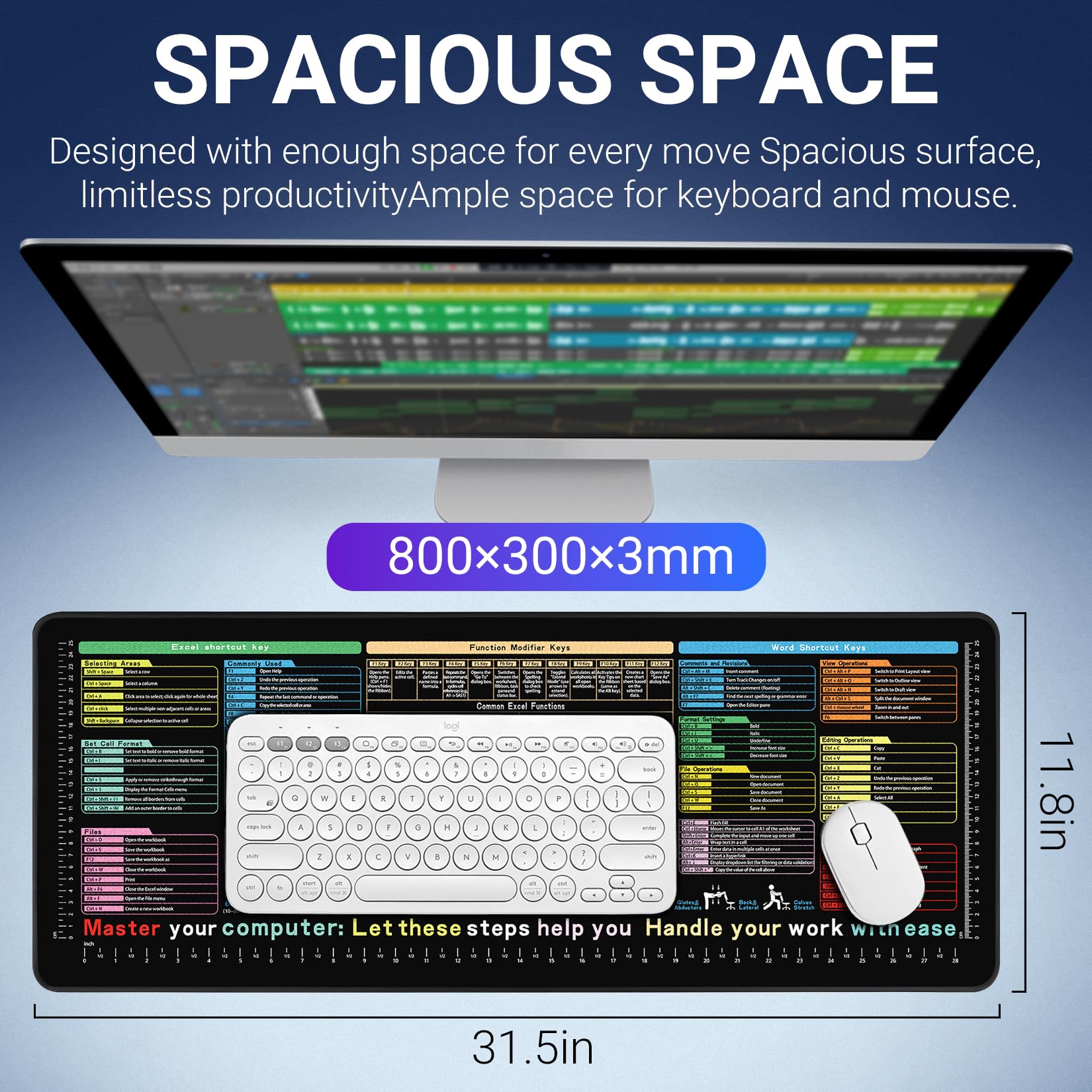 Excel Spickzettel Schreibtischunterlage 80 x 30 cm – wasserdichte Schreibtischunterlage mit Zoll-Skala, enthält 12 Arten von gemeinsamen Fähigkeiten in Excel und Wort, großes Excelpad Shortcut-Mauspad