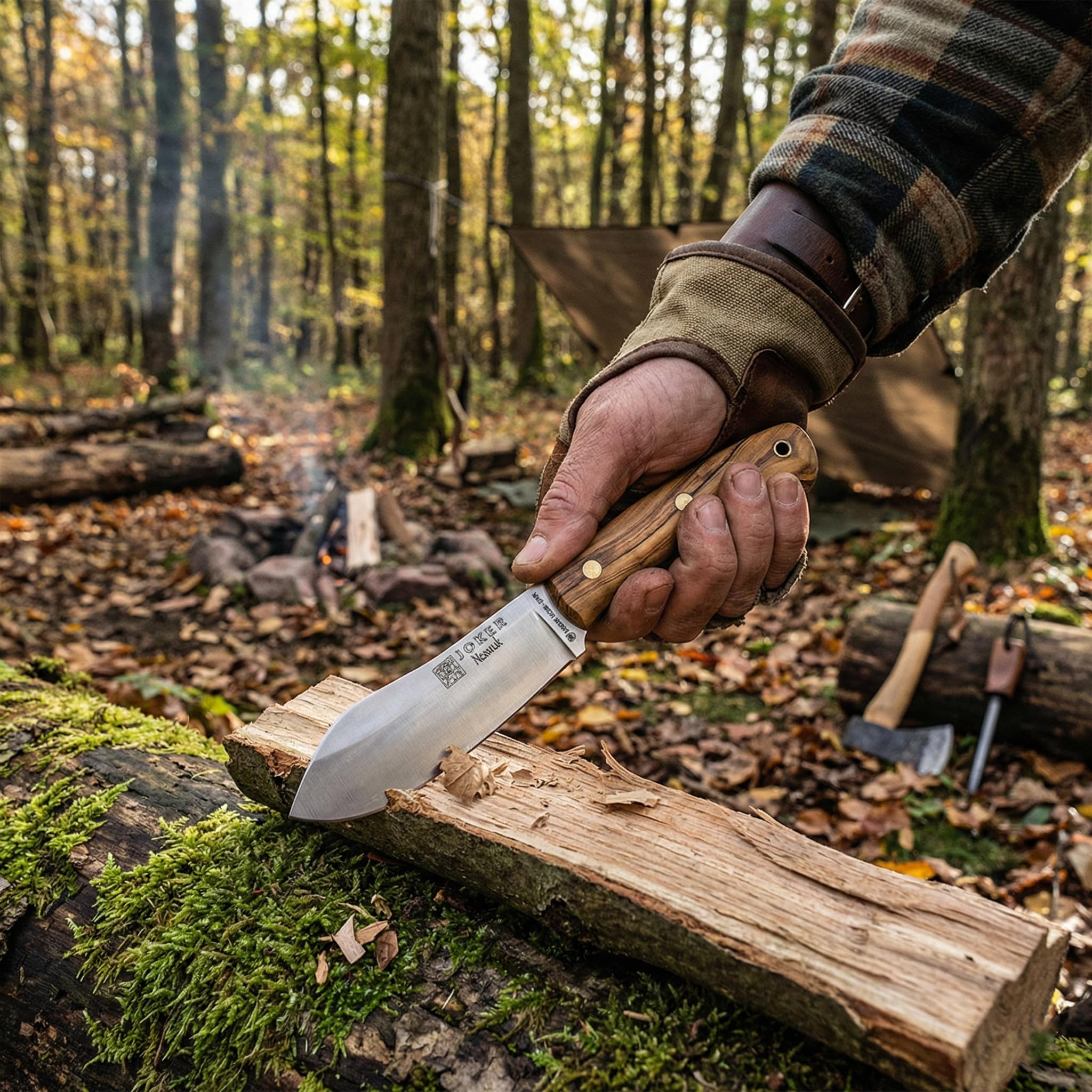 Joker Nessmuk CO136-P Bushcraft Messer mit Feuerstahl 11 cm Sandvik 14C28N Full Tang Olivenholz Griff inklusive Lederscheide Outdoor Camping Made in Spanien