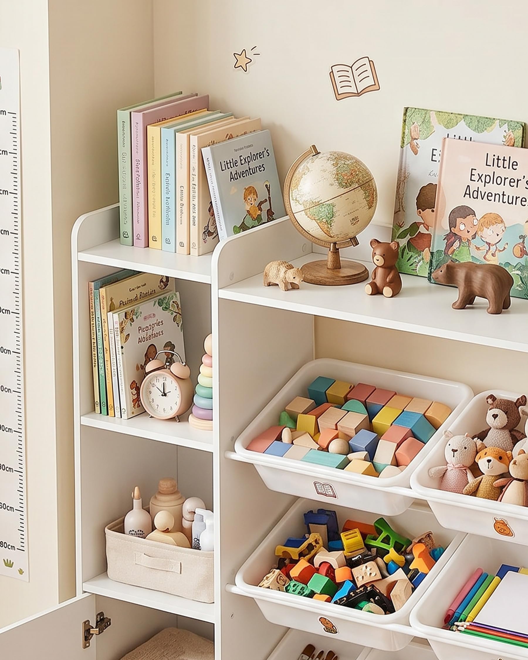 Libreria Infantil, Estanteria Infantil con Organizador de Juguetes, Libreria Montessori Infantil con 8 Cajas Extraíbles y 2 Puertas, para Habitacion Infantil y Cuarto de Juegos, Blanco