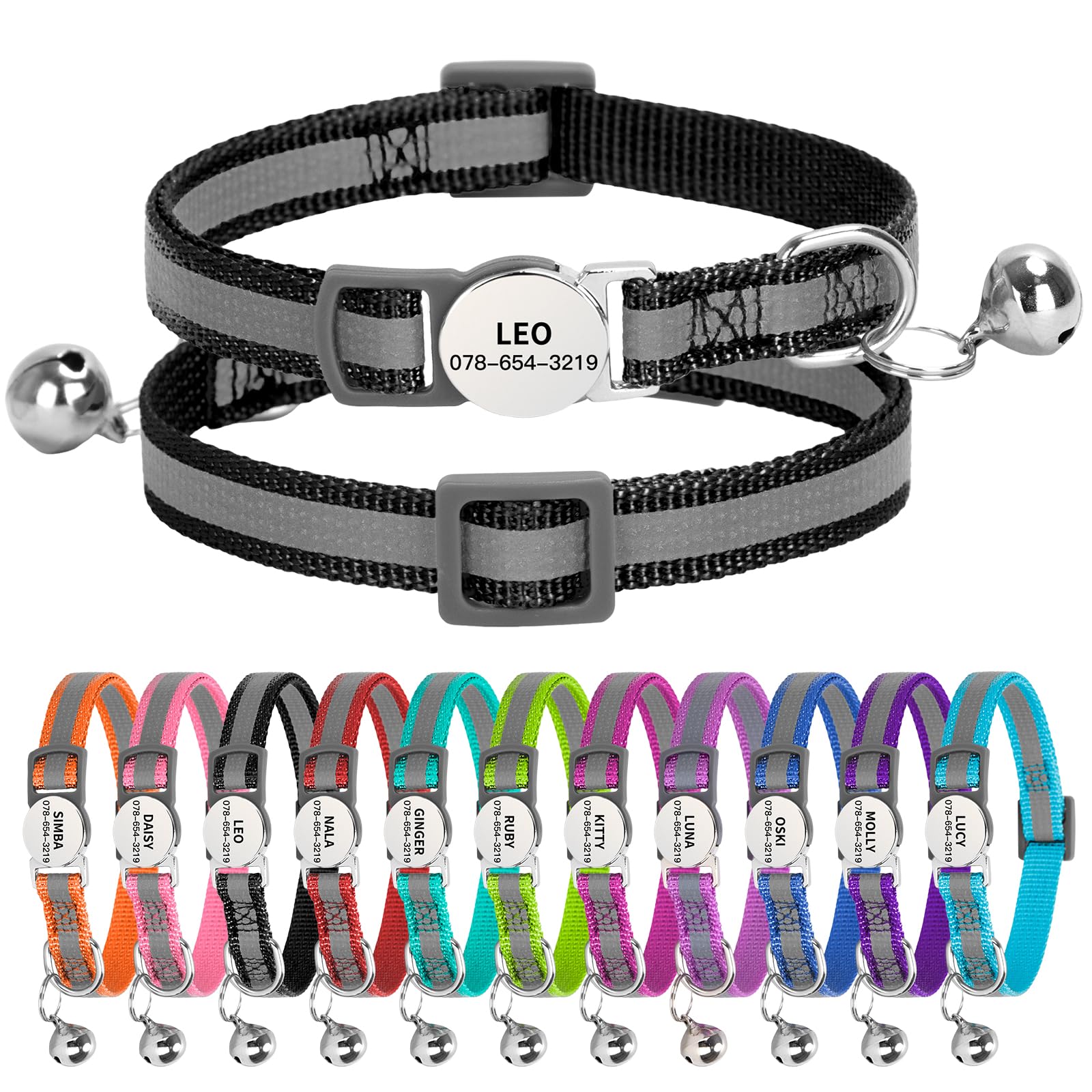 Personalised Reflective Cat Collar with Name Tag,Quick Release Kitten Collars with Bell Safety Buckle, Adjustable Nylon Cat Collar for Cats Kittens UK Prime (19โ30 cm, Black Strip)