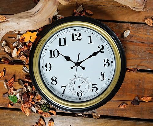 Miniatura 7 de Reloj de pared impermeable retro silencioso de 12 pulgadas para interiores y exteriores, con termómetro, funciona con pilas, reloj redondo de cuarzo