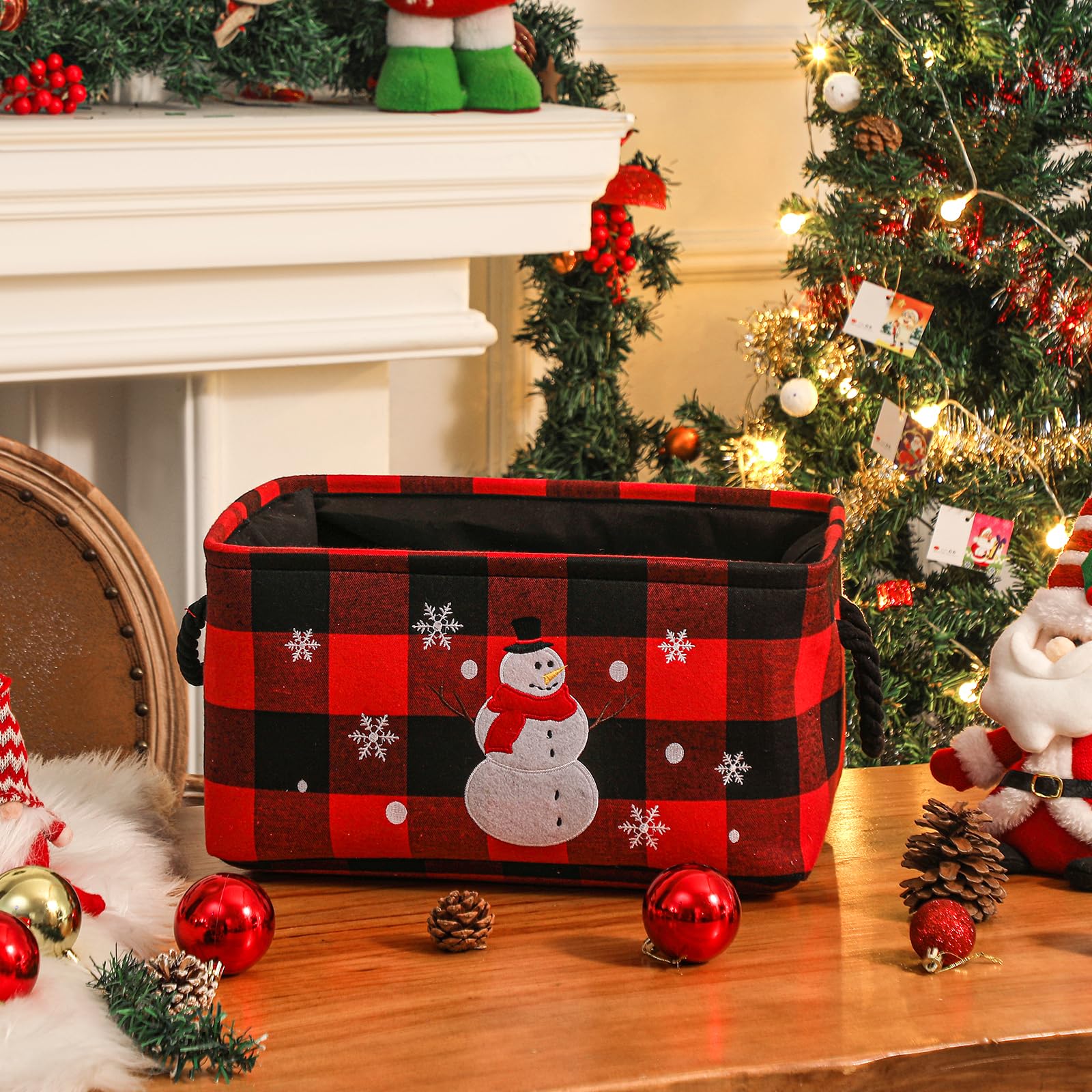 Cesto Portaoggetti Natalizio, Cestos di Natale Grande Scatola di Stoccaggio con Motivo Scozzese Classico, Pieghevole cose di Natale per la Casa Cestino con manico, Stile Rustico Organizer Cesta Regalo