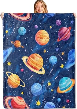 Space Galaxy Throw Blanket,50x60in,Soft,Lightweight Flannel,Featuring Colorful Planets and Stars Blankets - Gifts for Boys & Space Lovers,for Couch Office Travel,Home Living Room Decor