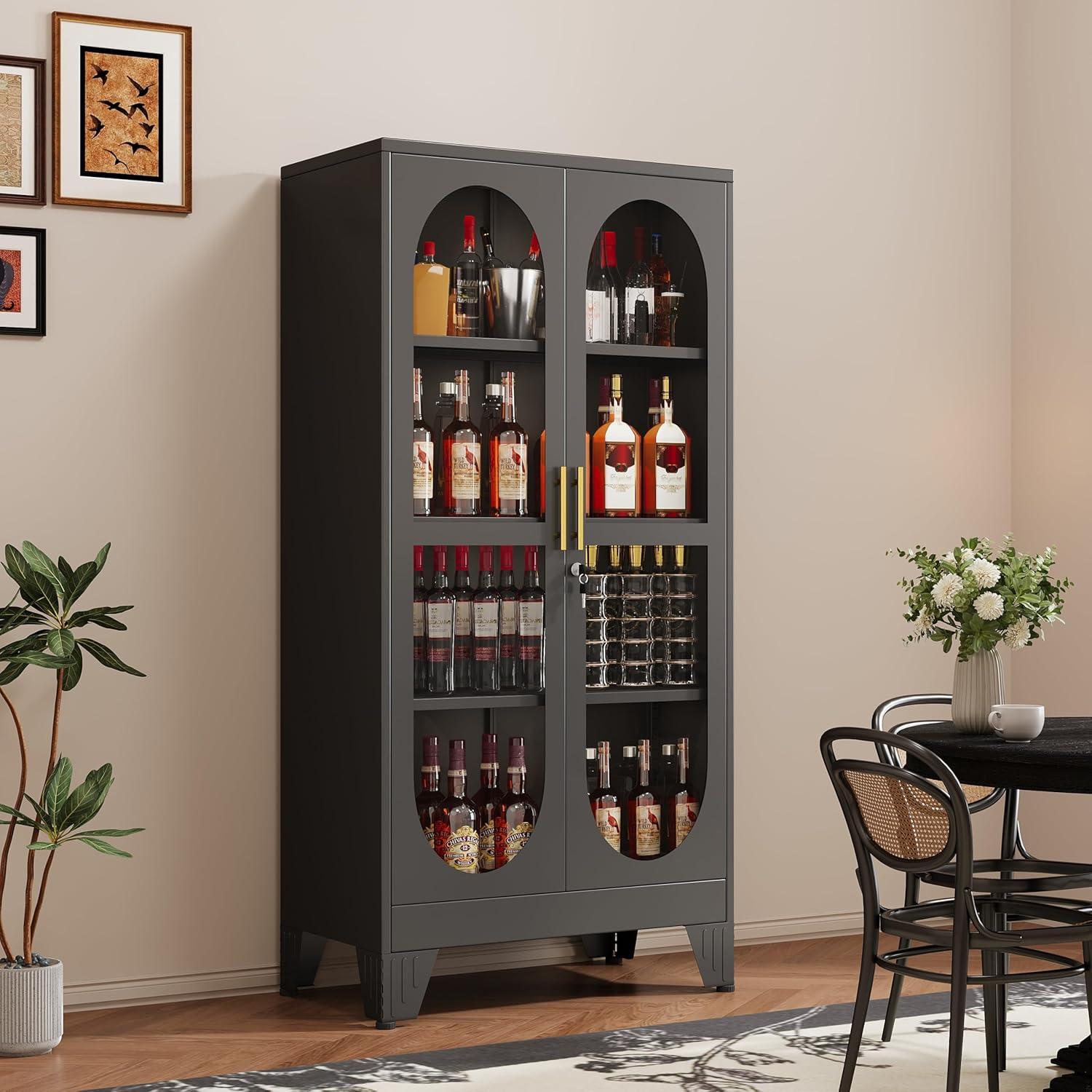 61" Tall Metal Curio Cabinet, Display Cabinet with Glass Door, 4 Tier Liquor Cabinet with 3 Adjustable Shelves, Locking Glass Display Case for Collectibles, Showcase Storage Cabinets, Black