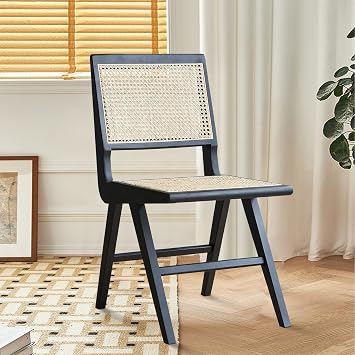 Rattan Chair Set of 2, Cane Dining Chair with Cane Back & Wood Base, Mid Century Modern Chair for Living Room, Kitchen, Dining Room, Yard, Study Room, Teahouse, Hotel, B&B, Black