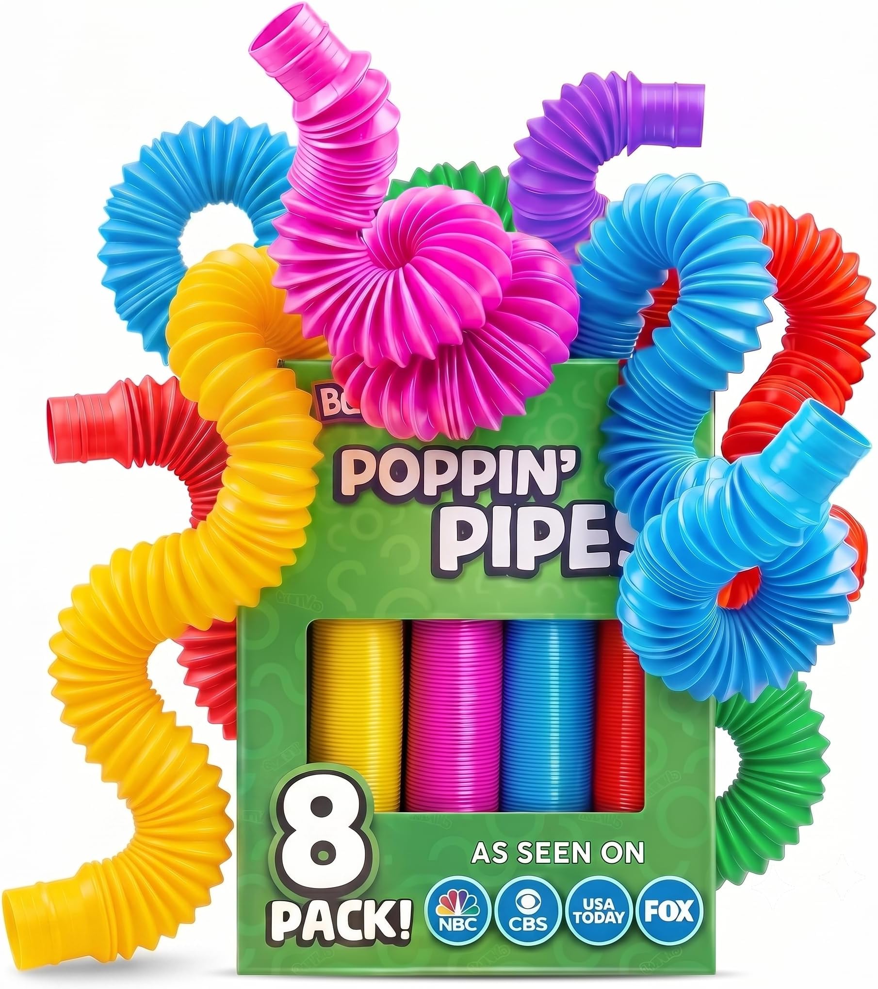 BUNMO Pop Tubes - Sensory Toys - Fidget Toys - Imaginative Play & Stimulating Creative Learning - Hours of Fun for Kids - Tons of Ways to Play - Non-Mouthable Toy 3+ - 8 Pack Large