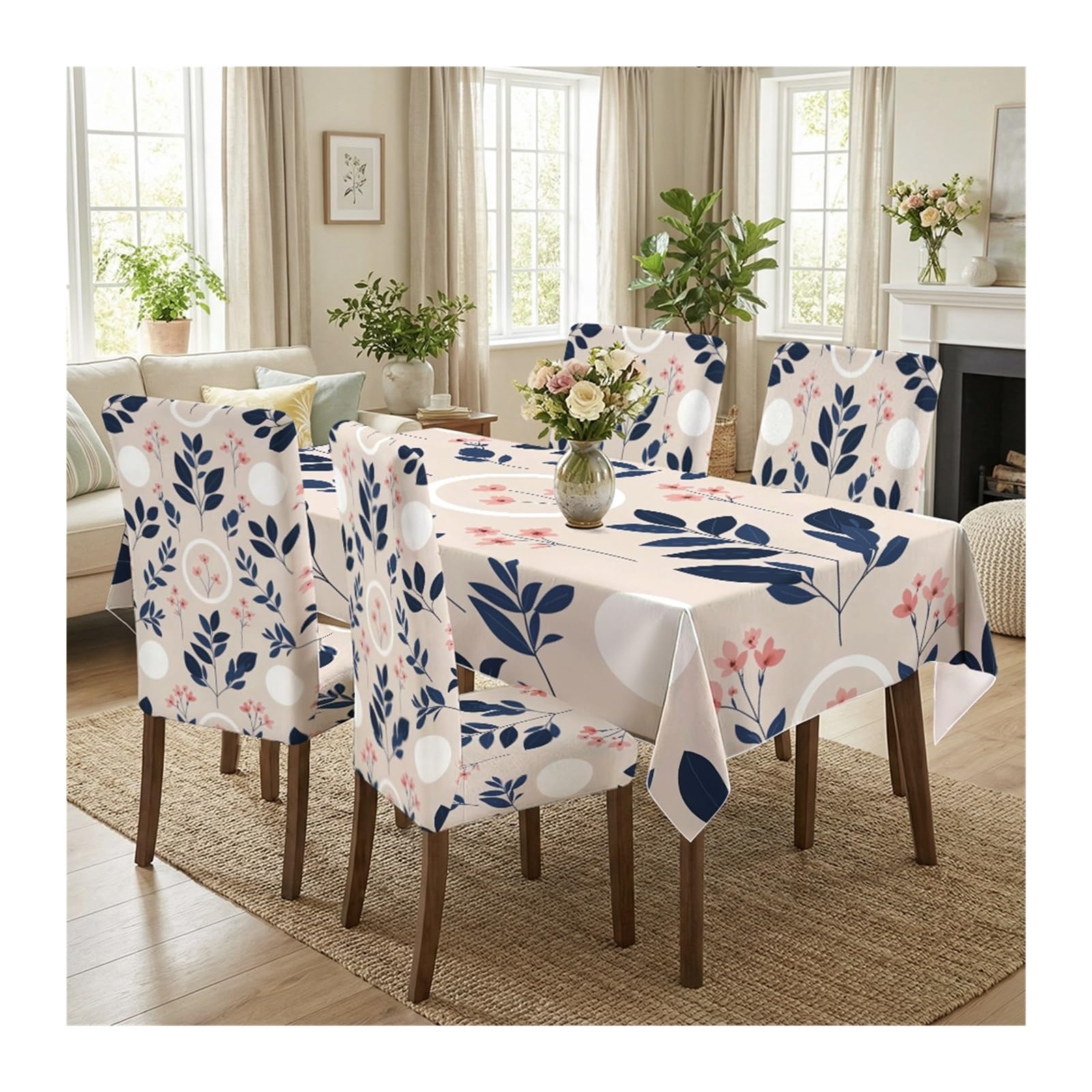 KXUAUV Pink & Blue Leaf Print Tablecloth & Chair Covers Set, Slipcovers For Dining Room, Kitchen, Modern & Casual Decor, 5/7 Pack Party Decor(5pcs Set: Tablecloth+Chair Covers)