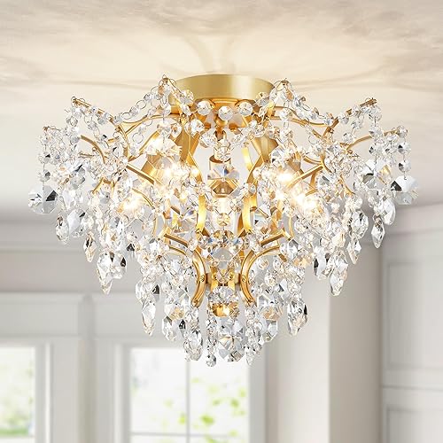 WUZUPS 5-Light Crystal Chandelier Flushmount Ceiling Light Modern Lighting Fixture for Bedroom Hallway Bar Kitchen Bathroom, H 12" W 15.4", E12 Base, Gold
