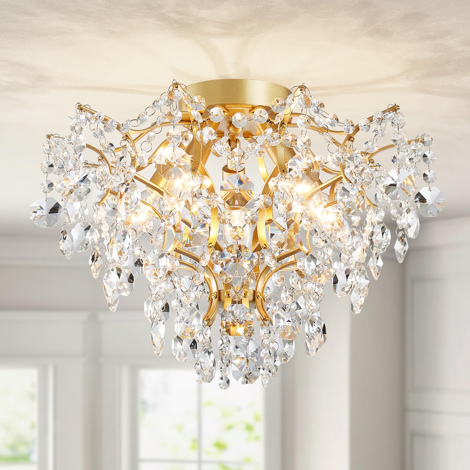 WUZUPS 5-Light Crystal Chandelier Flushmount Ceiling Light Modern Lighting Fixture for Bedroom Hallway Bar Kitchen Bathroom, H 12" W 15.4", E12 Base, Gold