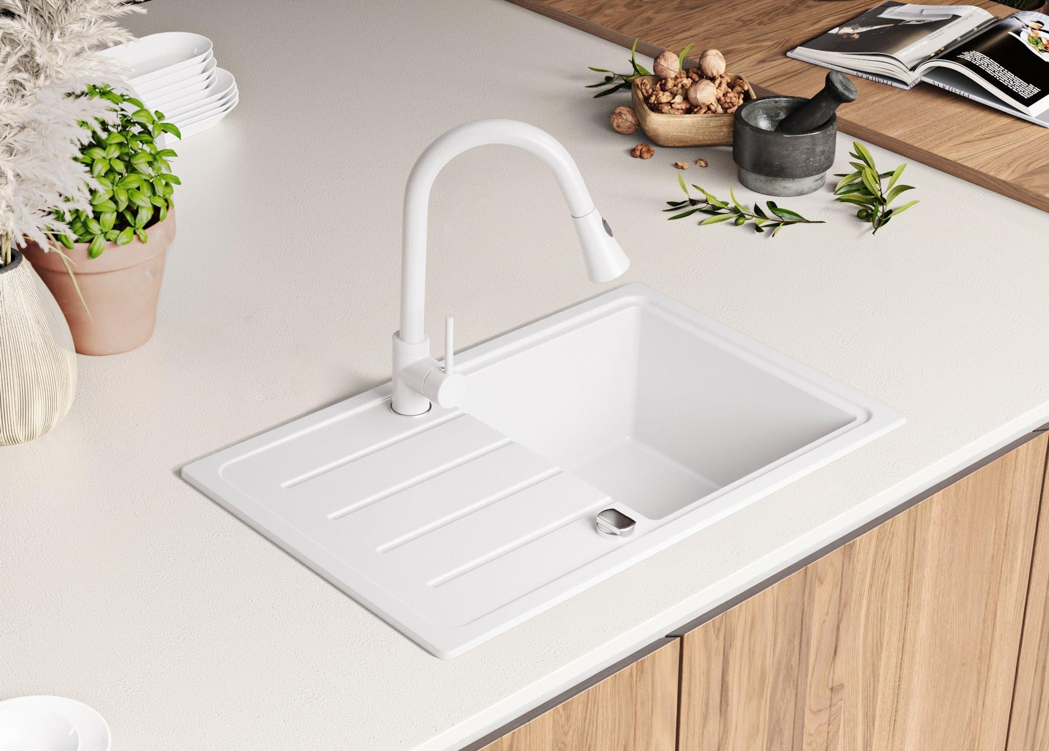 PRIMAGRAN Lavandino da Cucina Bianco 70x44cm, Lavello in Granito a 1 vasca + Rubinetto 32x20cm + Set di accessori, Lavabo da Cucina Incasso al Mobile 45cm - Copenhagen Easy S047