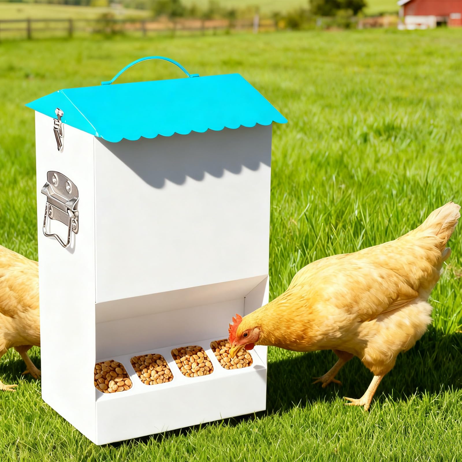 Photo 1 of **DIRTY/DAMAGED**
20LB Automatic Chicken Feeder with 8 Feeding Ports, No Waste Design, Height-Adjustable Legs & Secure Locking Lid for Chickens, Ducks & Poultry