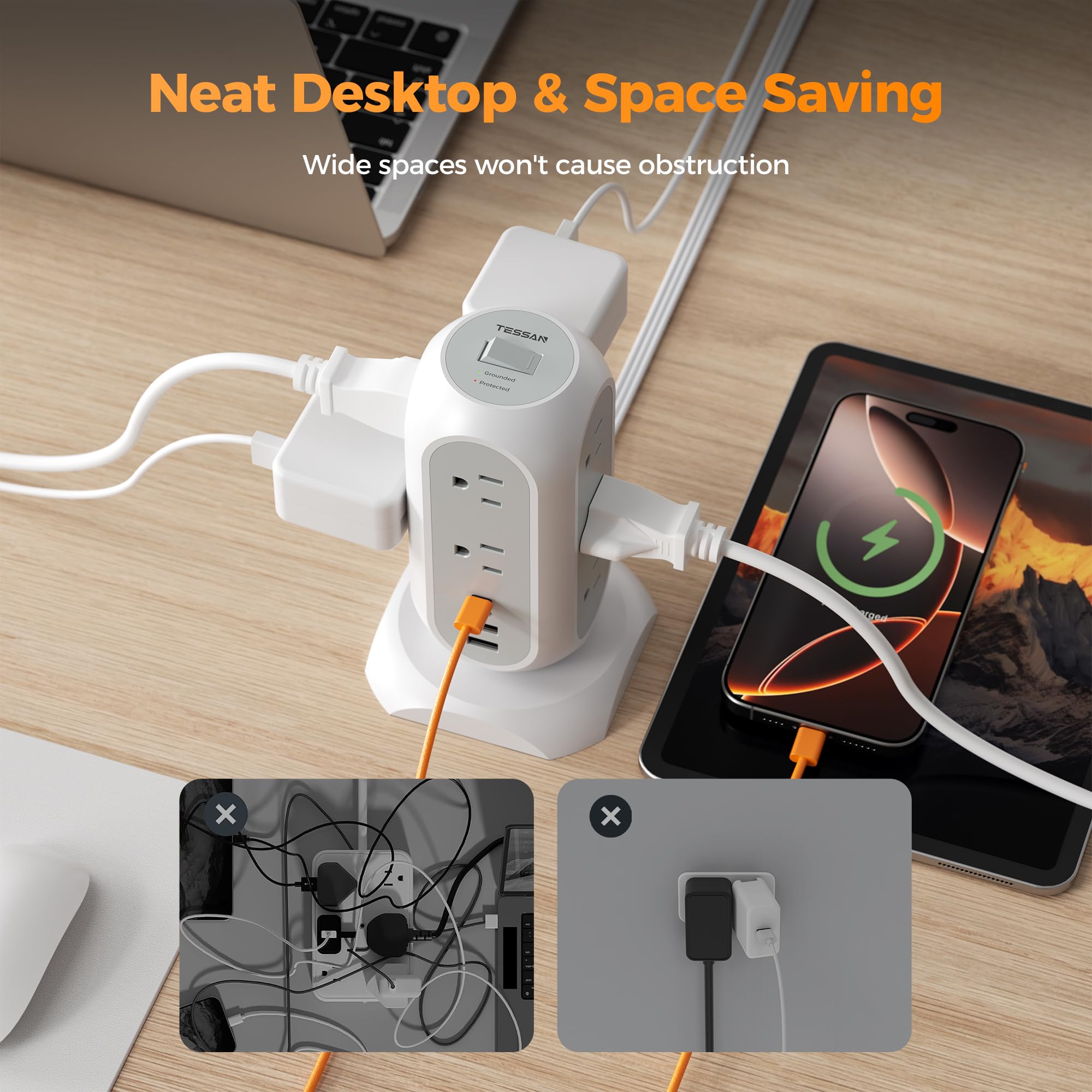 TESSAN Tower Power Strip Flat Plug with 1050J Surge Protection, 6 Ft, Grey — Amazon image 3