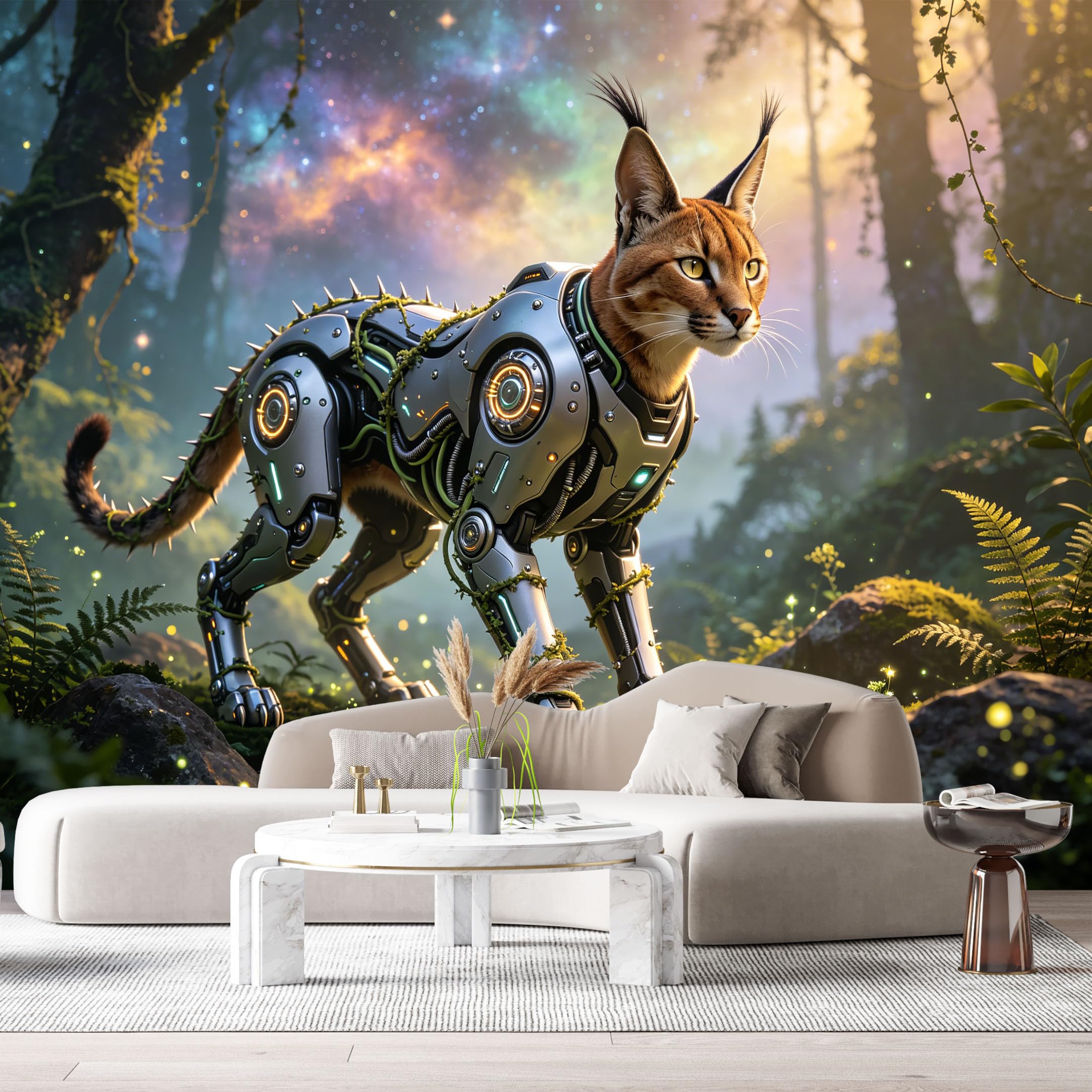 Custom Size Wall Mural Biomechanical Feline Mech Forest SciFi Neon Mecha SelfAdhesive Art Prints Removable Large Wallpaper Boy Bedroom Esports Room Game Room Tenant Room Studio