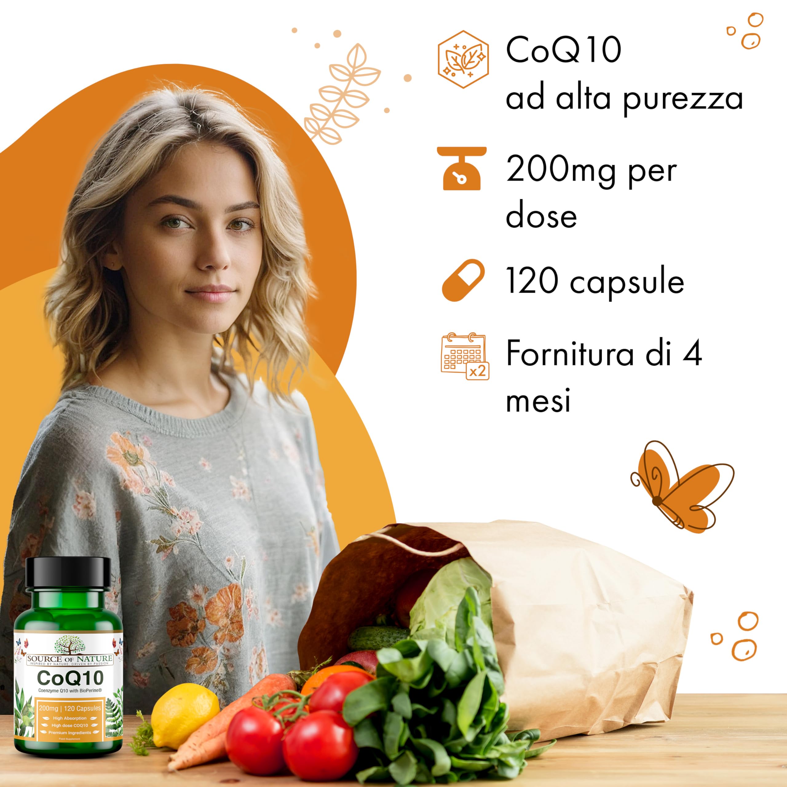 Source of Nature® Coenzima Q10 200mg - 120 Capsule Vegane (4 Mesi) | Ubichinone Bioidentico Fermentato Naturalmente | Alta Dose & 99% Puro | con BioPerine® Pepe Nero