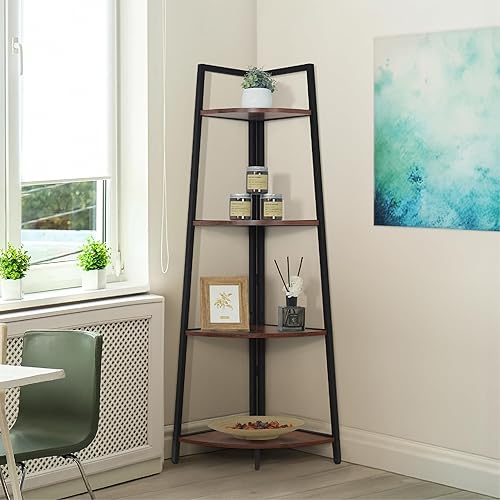 CAPHAUS Estante de esquina alto, estantes de exhibición de 4 niveles, estantería de almacenamiento de madera con marco de metal, estantería versátil