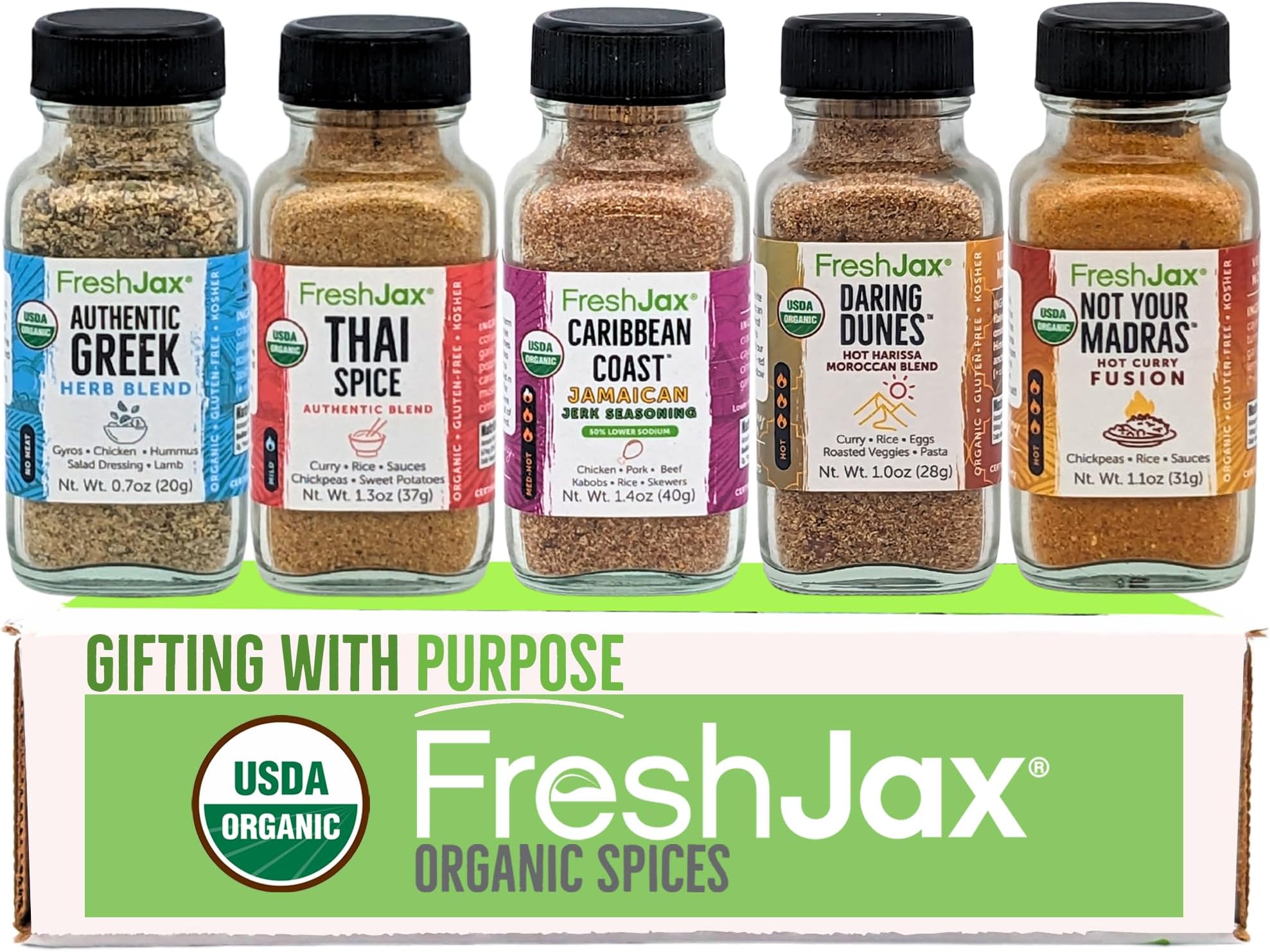 Freshjax International Spices Gift Set | 5 Sampler Sized Organic Spices and Seasonings | World of Flavors Seasoning Gift Set | Grilling Christmas Gifts for Men Packed in a Giftable Box
