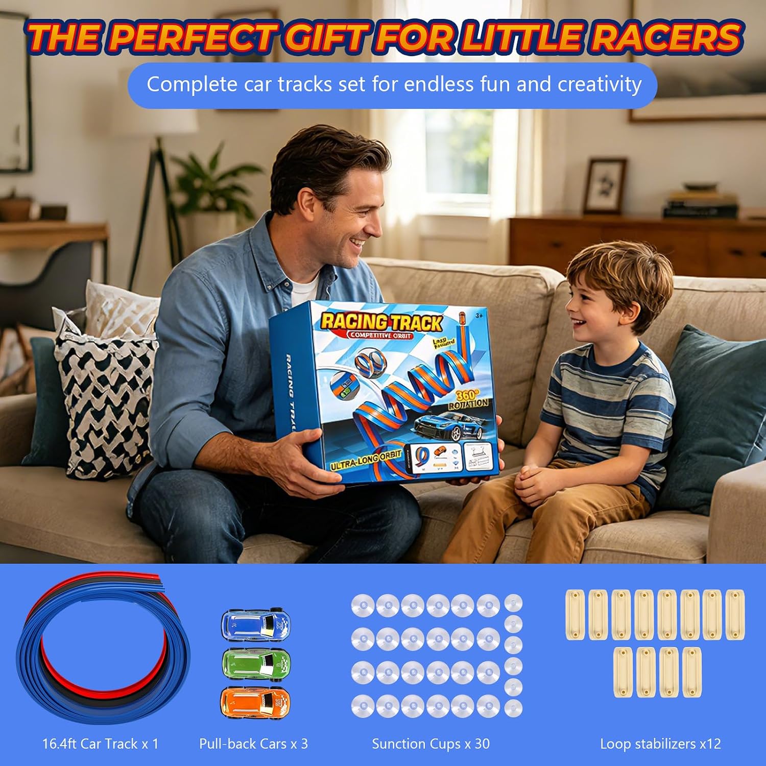 16.4ft Flexible 3-Lane Race Track for Kids - DIY Bendable Wall Racing Ramp with 3 Pull-Back Cars, Suction Cups - Portable Roll-Up Toy Car Track Compatible with 1:64 Die-Cast Cars